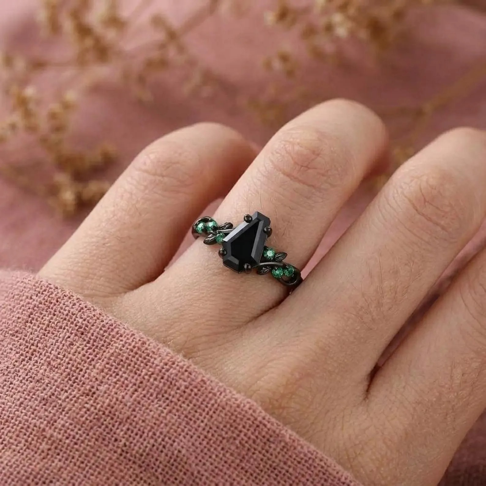 Coffin Cut Black Onyx Engagement Ring, Black Gold Art Deco Leaf Ring, Nature Inspired Emerald Wedding Ring, Bridal Promise Ring
