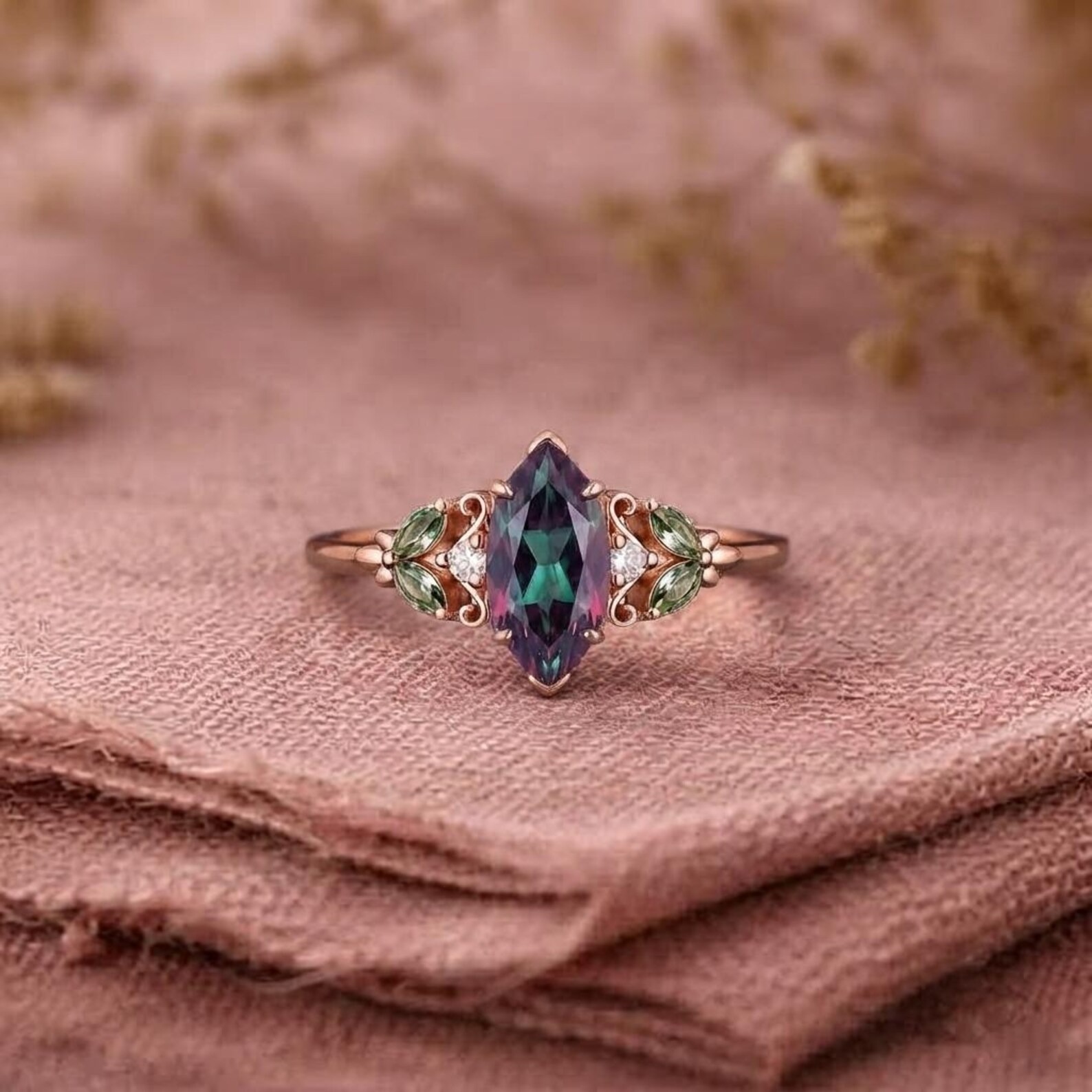 Marquise Alexandrite Engagement Ring, Leaf Side Stone Ring, Color Changing Ring, Rose Gold Botanical Jewelry, Nature Inspired Promise Ring