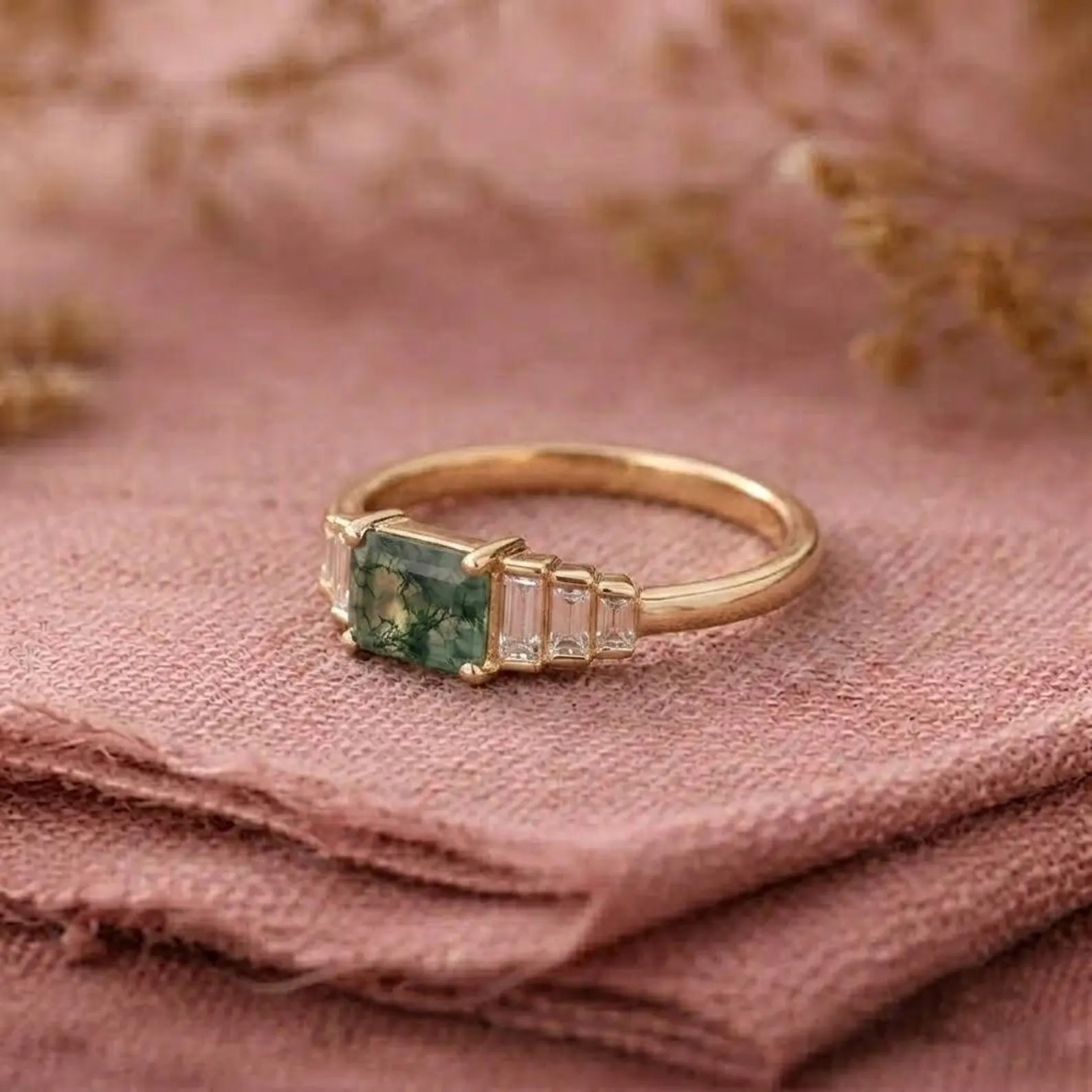 Vintage Baguette Cut Moss Agate Ring, Natural Agate Engagement Ring, Diamond Cluster Ring, Unique Christmas Ring, Personalized Custom Gifts