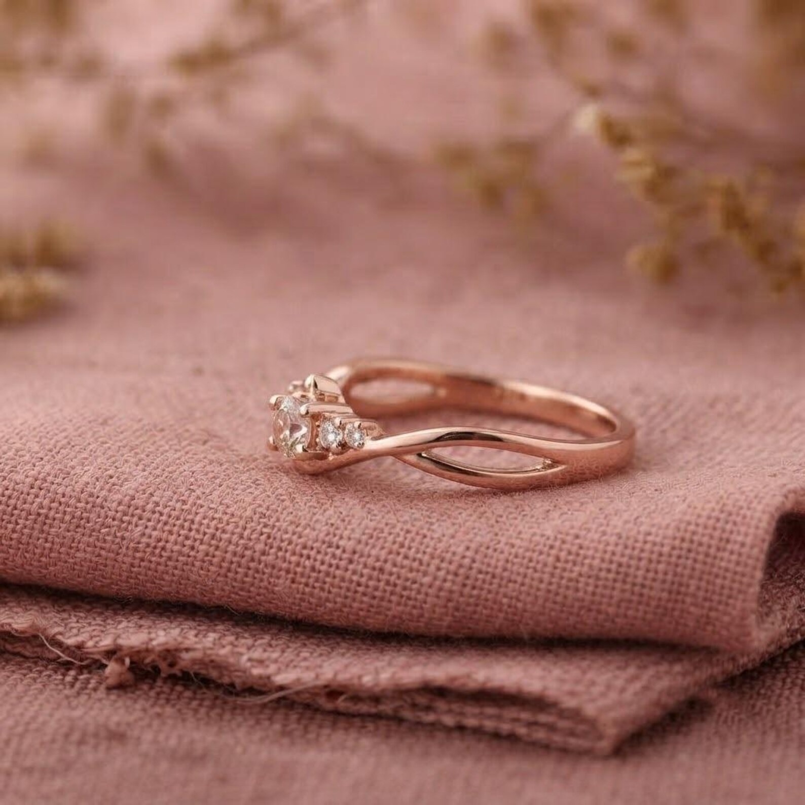 Vintage Round Moissanite Engagement Ring, Unique Pave Twisted Band Ring, Round Moissanite Forever Ring, Anniversary Ring, Promise Ring Gift