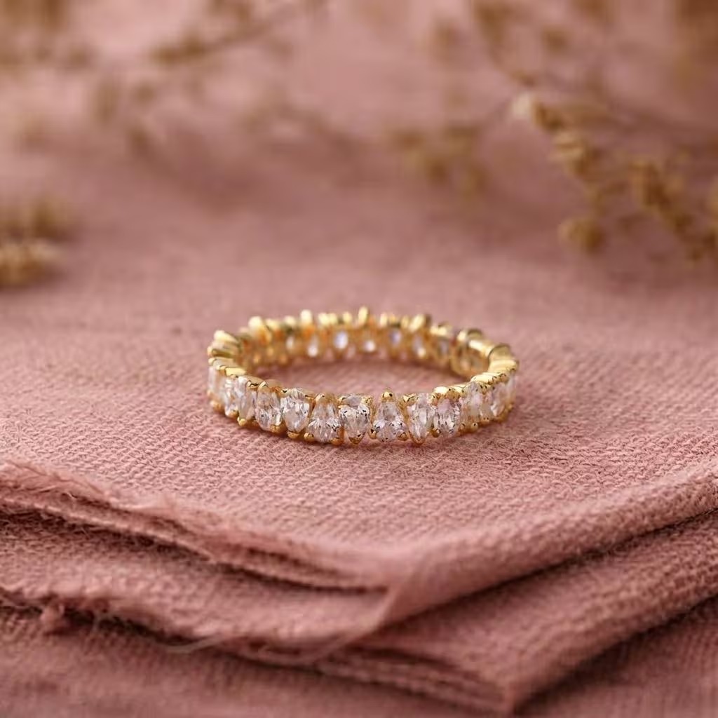Pear Cut Moissanite Wedding Band, Lab Grown Diamond Bridal Band, 14K Solid Gold Moissanite Anniversary Band, Full Eternity Moissanite Band