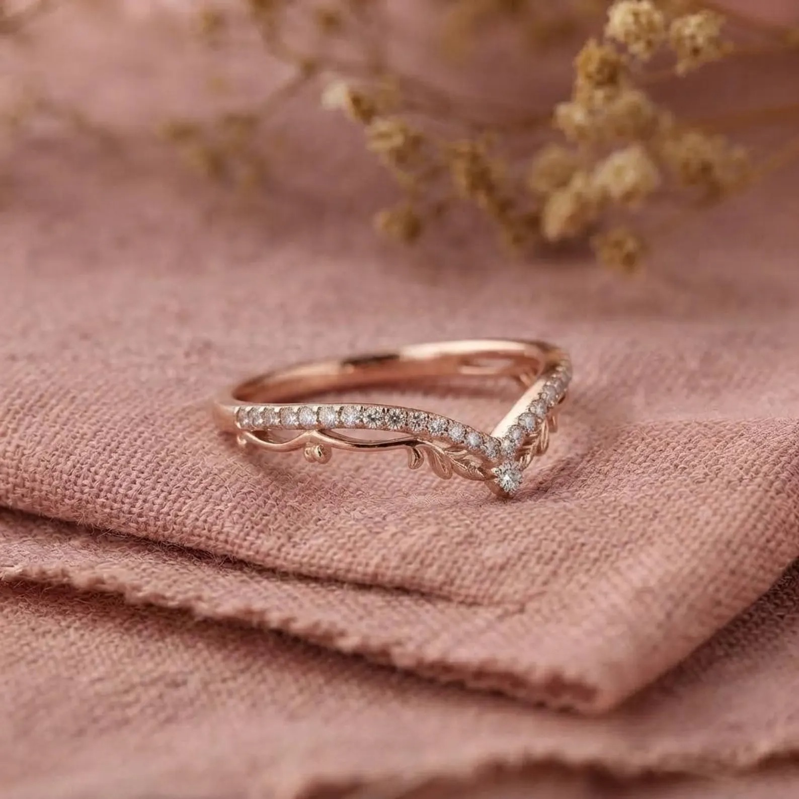 Curved Moissanite Wedding Band, V Shape Chevron Ring, Round Moissanite Leaf Band, Dainty Stacking Bridal Contour Ring, Diamond Alternative
