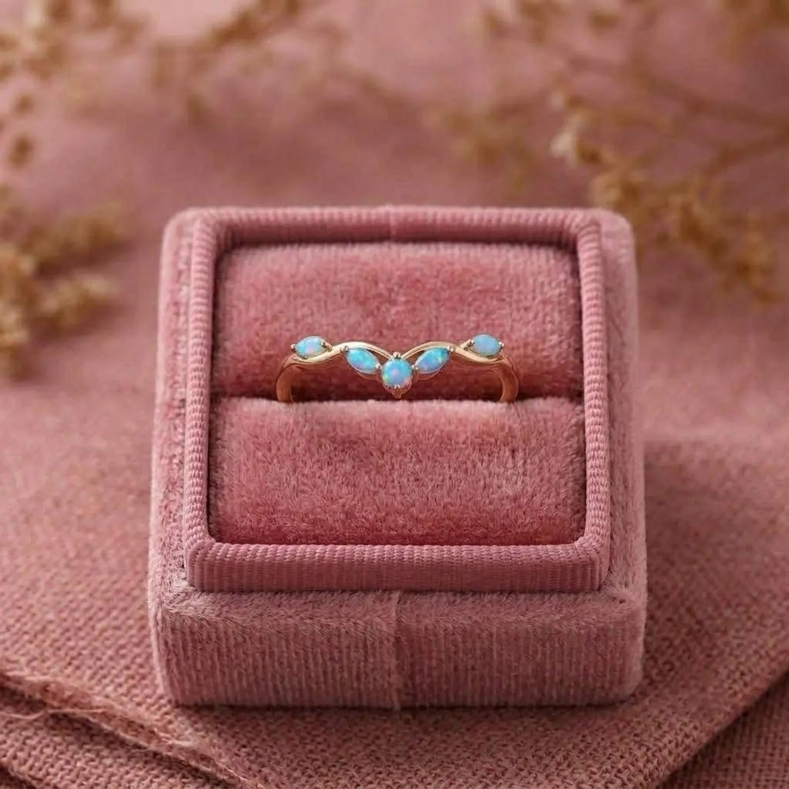 Vintage Curved Opal Wedding Band, 9k Rose Gold Art Deco Stacking Band, Women Birthstone Anniversary Gift Ring, Marquise Cut Dainty Opal Ring