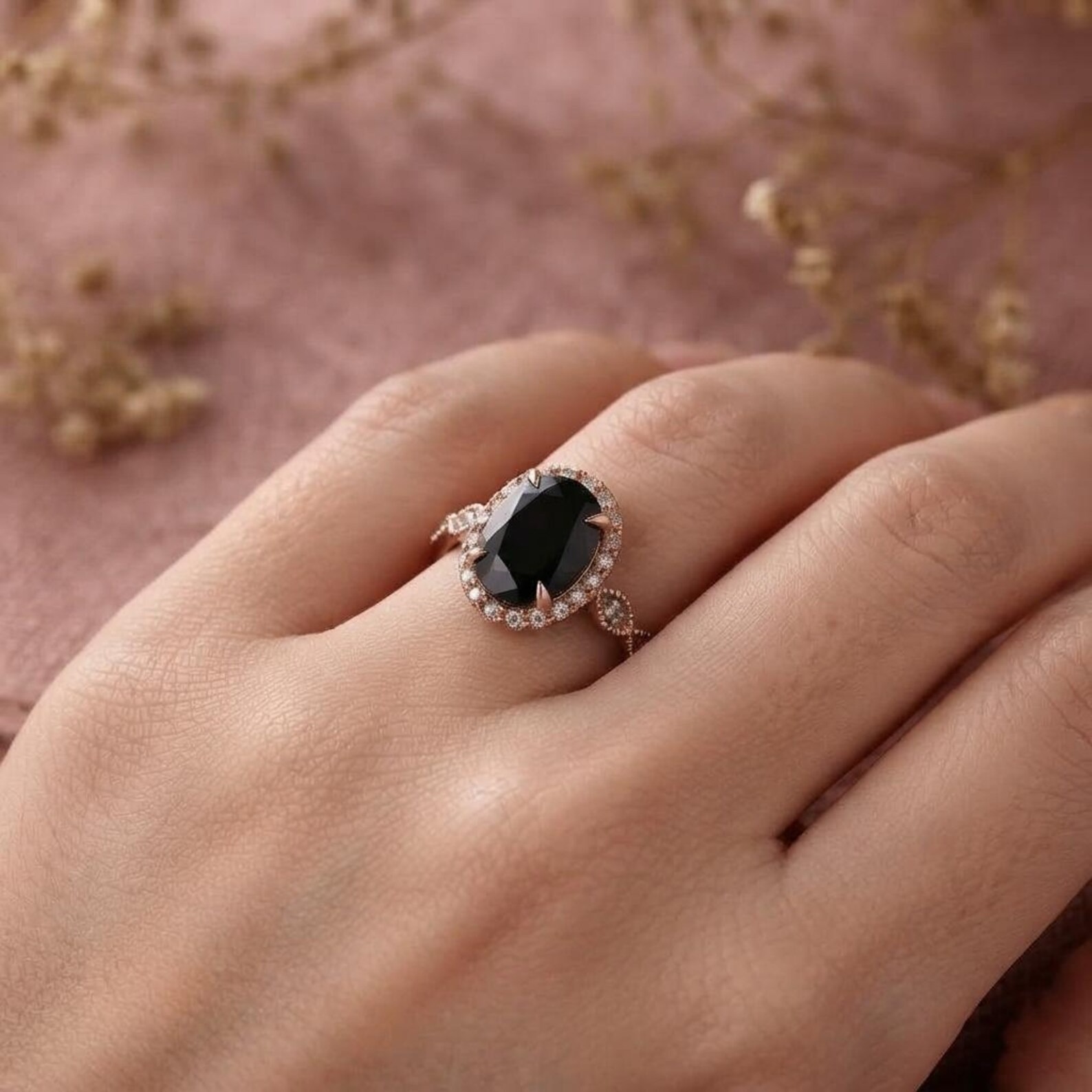 Oval Black Onyx 14k Gold Engagement Ring, Moissanite Halo Cluster Wedding Ring, Black Gemstone Bridal Anniversary Promise Ring For Women