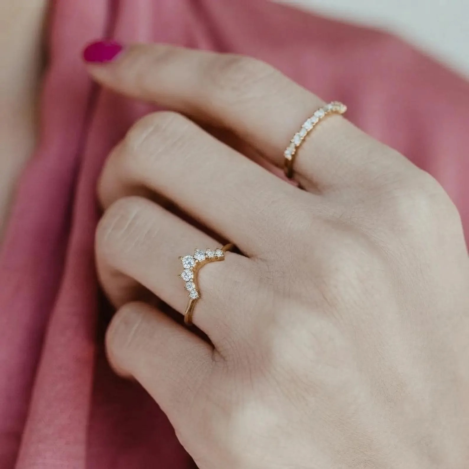 Round Cut Moissanite Curved Wedding Band, Yellow Gold Diamond Cluster Band, U Shape Stacking Matching Band, Bridal Promise Band Gift For Her
