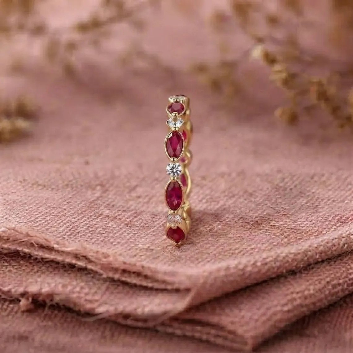 Ruby Eternity Diamond Band, Gold Ruby Wedding Band, Marquise Ruby Stackable Ring, Gemstone Band, Anniversary Ring, Romantic Gift for Her