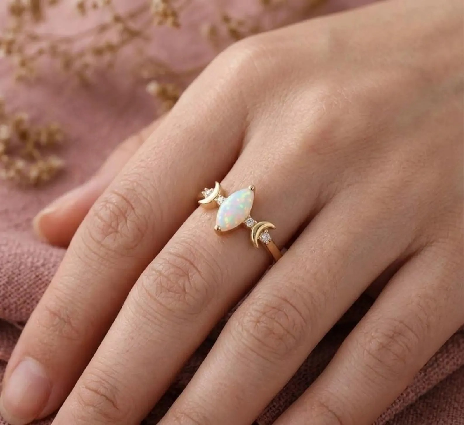 Marquise Opal Engagement Ring, 925 Sterling Silver Ring, October Birthstone Ring, Vintage Half Moon Unique Ring, Diamond Cluster Gift Ring
