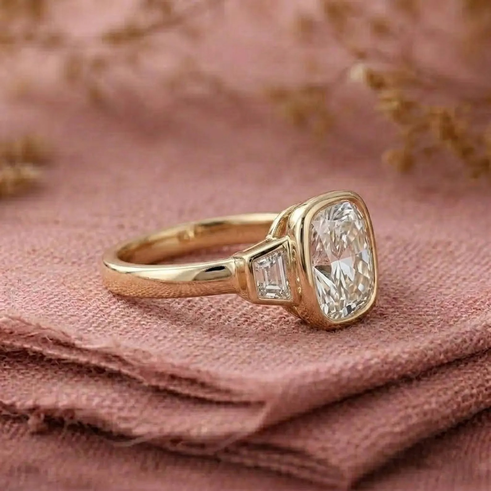 Cushion Cut Moissanite Engagement Ring, Elongated Cushion Diamond Bezel Set Ring, Colorless Gemstone Stacking Ring, Baguette Ring For Women