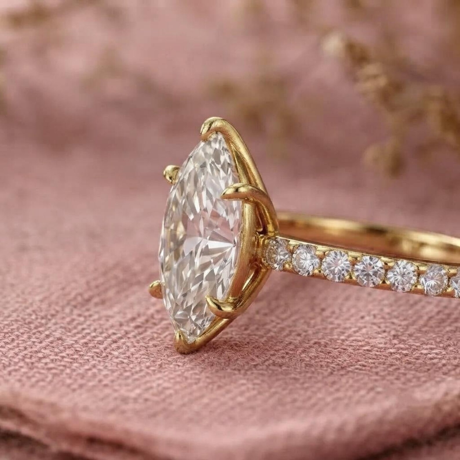 14k Gold Marquise Engagement Ring, Simulated Diamond Ring, Wedding Ring, Fake Engagement Ring, Travel Ring, Solitaire Diamond Ring