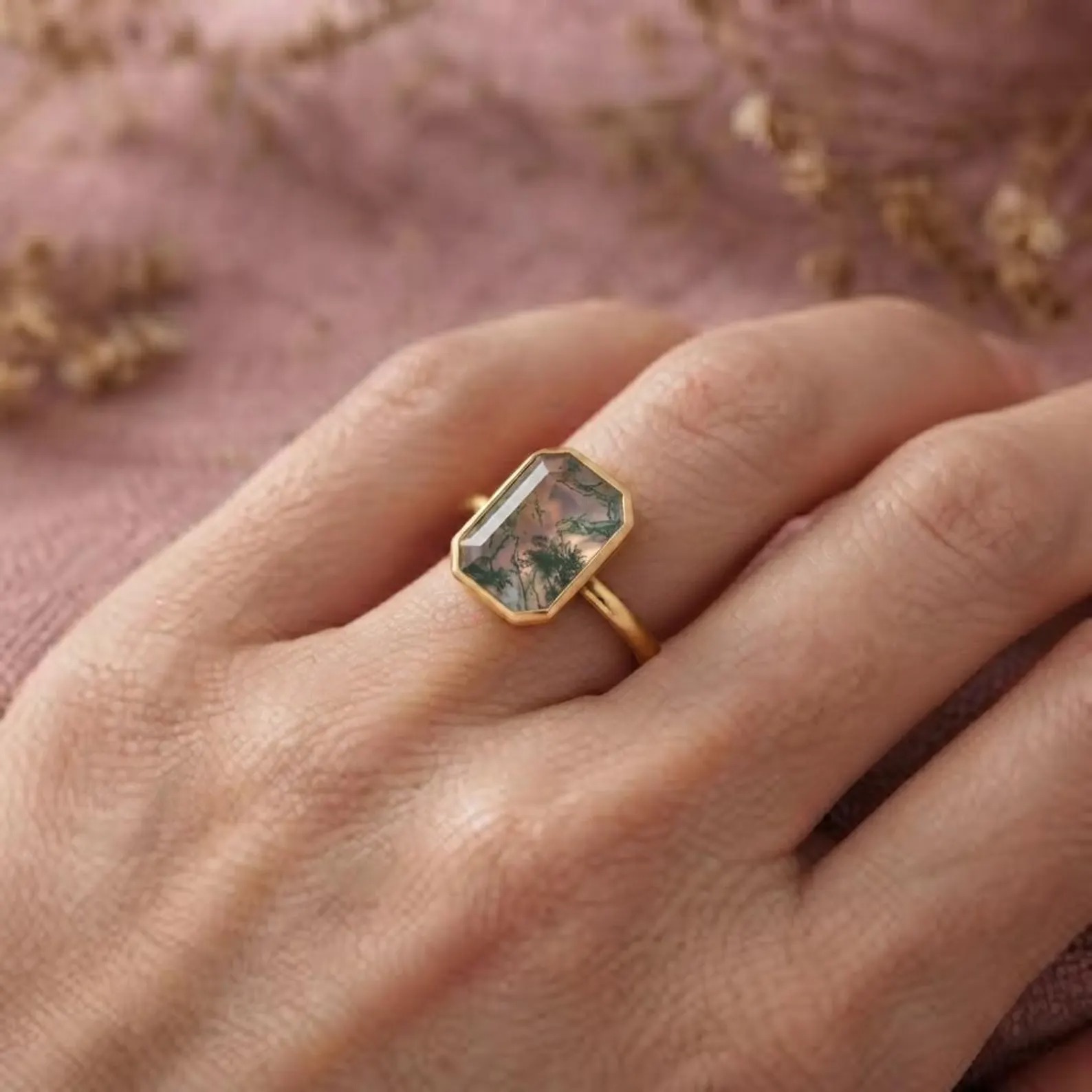 Vintage Bezel Setting Moss Agate Ring, Emerald Cut Solitaire Nature Inspired Ring, June Birthstone Green Ring, Moss Agate Engagement Ring