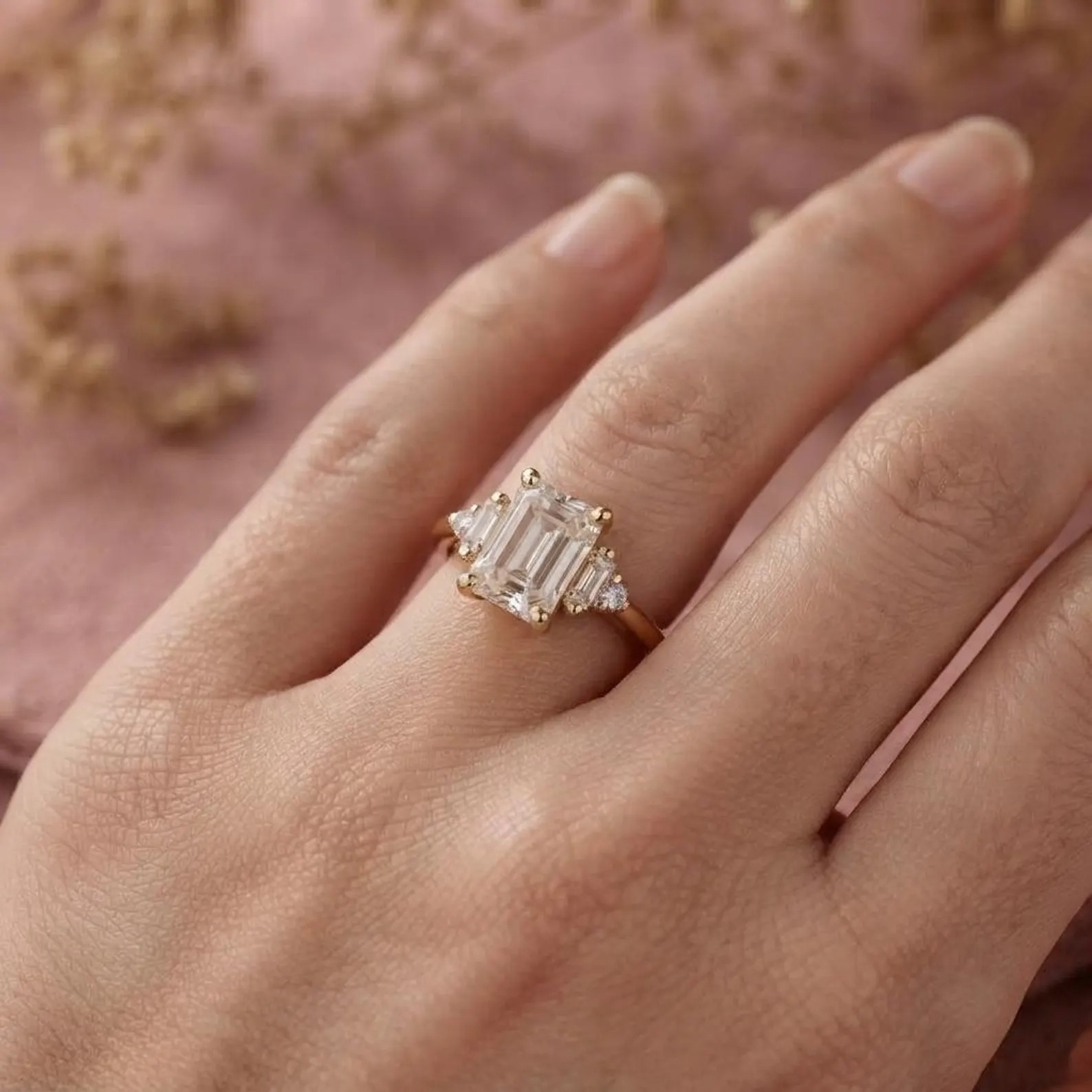 Emerald Cut Moissanite Five Stone Ring, Vintage Baguette & Round Cut Diamond Engagement Ring, 9K Solid Rose Gold Proposal Ring, Gift for He