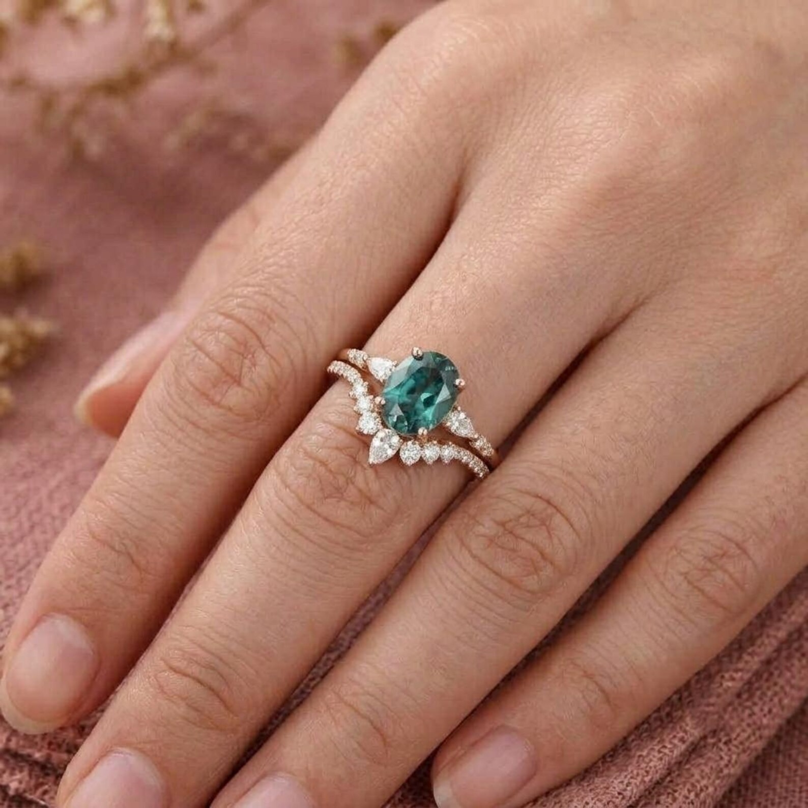 Oval Cut Bridal Ring Set, Teal Sapphire Engagement Ring, Vintage Wedding Ring Set, Rose Gold Promise Ring Set, Art Deco Bridal Jewelry