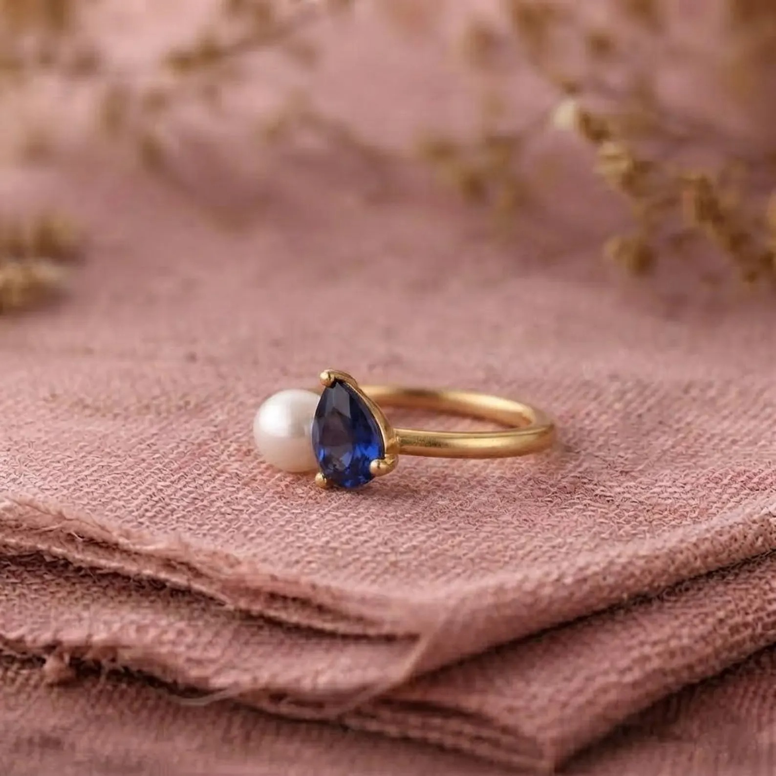 Toi et Moi Pearl And Sapphire Engagement Ring, Cluster Round & Pear Cut Two Stone Wedding Ring, Vintage Prong Set Anniversary Ring For Her