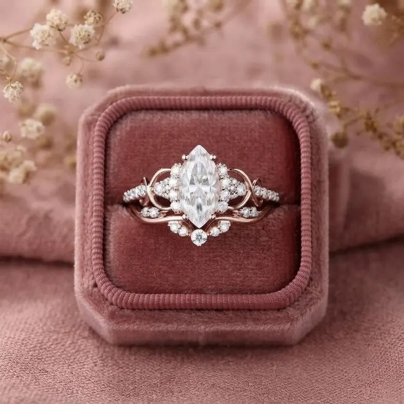 Marquise Cut Moissanite Engagement Ring Set Unique Rose Gold Bridal Ring Set Diamond Cluster Wedding Stacking Band Promise ring set