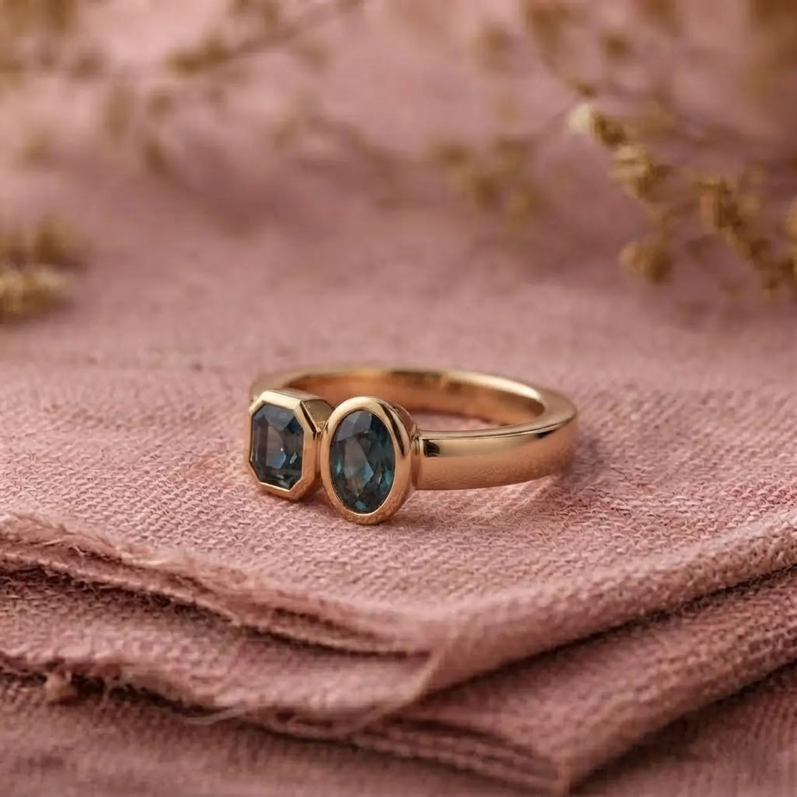 Teal Sapphire Toi Et Moi Ring, Two Stone Sapphire Ring, Teal Green Sapphire Engagement Ring, Gold Couple Ring, Unique Bridal Love Jewelry