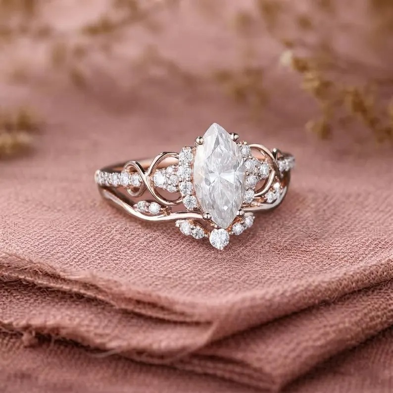 Marquise Cut Moissanite Engagement Ring Set Unique Rose Gold Bridal Ring Set Diamond Cluster Wedding Stacking Band Promise ring set