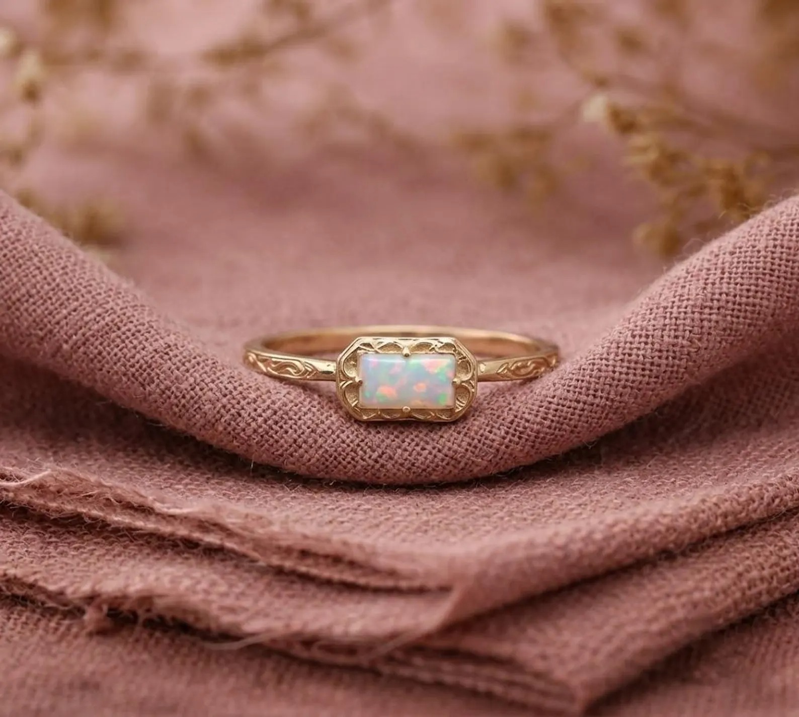 Opal Baguette Ring: 925 Sterling Silver, Baguette Cut Vintage Engraved Band, October Birthstone Gift, Dainty Opal Ring, Christmas Gift