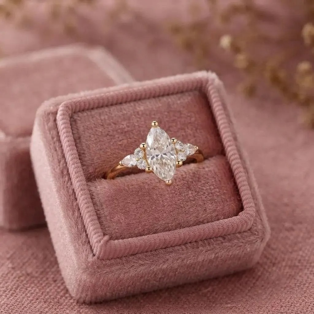 Vintage Marquise Cut Moissanite Engagement Ring Women's Diamond Wedding Ring with Side Stone Delicate 14k Solid Gold Diamond Promise Ring