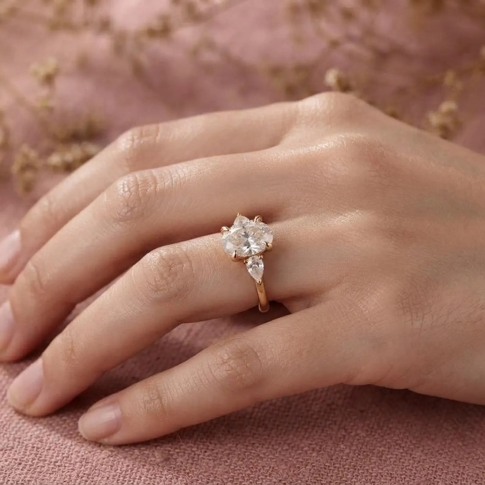 2.5ct Oval Cut Moissanite Ring, Petite Three Stone Engagement Ring, 14K Solid Gold Dainty Minimalist Jewelry, Pear Side Stone Promise Ring