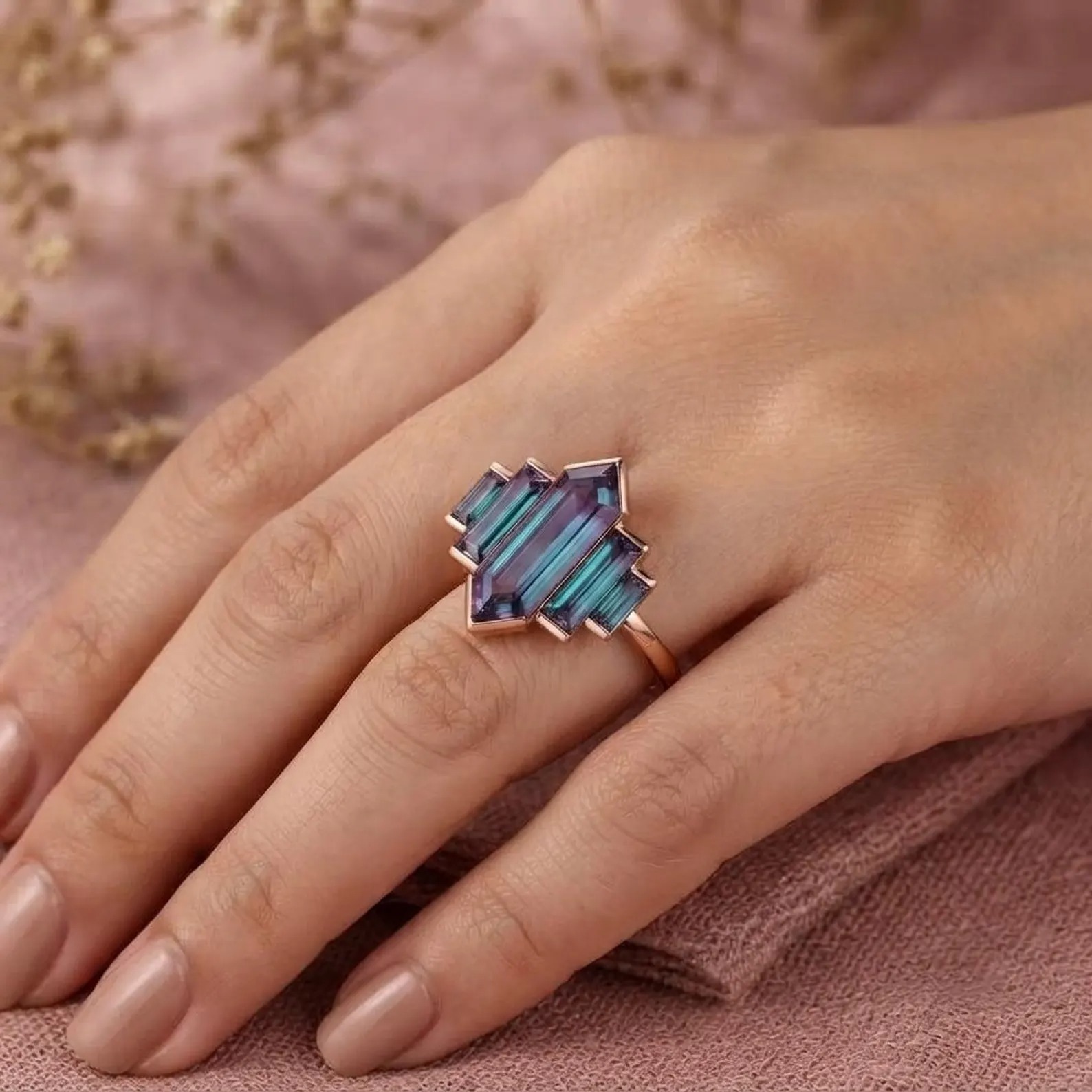Unique Hexagon Cut Alexandrite Ring Rose Gold Engagement Ring Baguette Cut Bezel set Ring Art Deco Bridal Wedding Anniversary Gift for Her