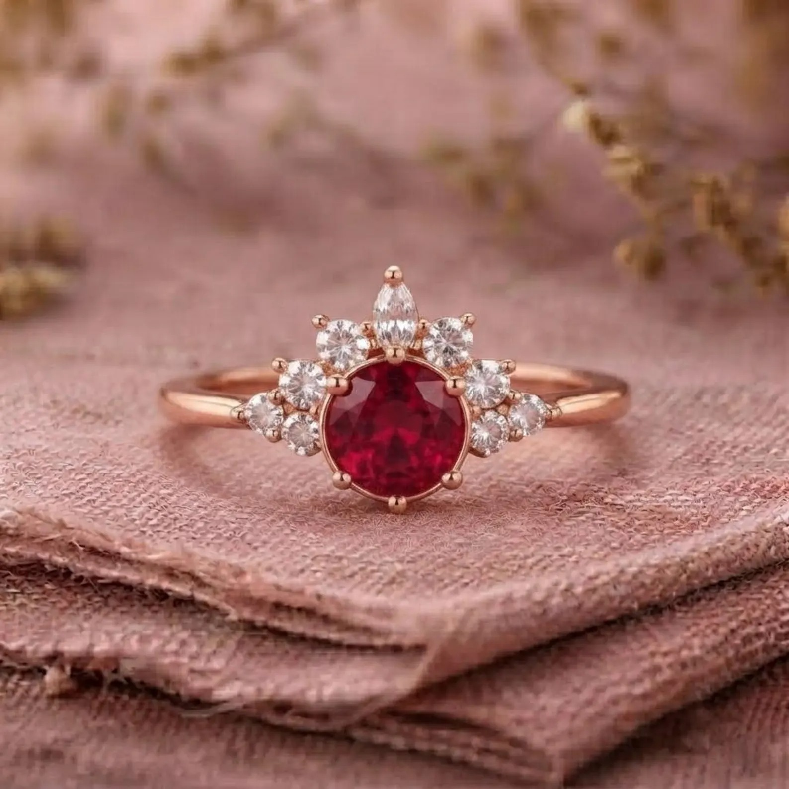 Ruby Engagement Ring, Rose Gold Cluster Ring, Red Round Gemstone Bridal Ring, Vintage Inspired Diamond Promise Ring, Romantic Gift For Her
