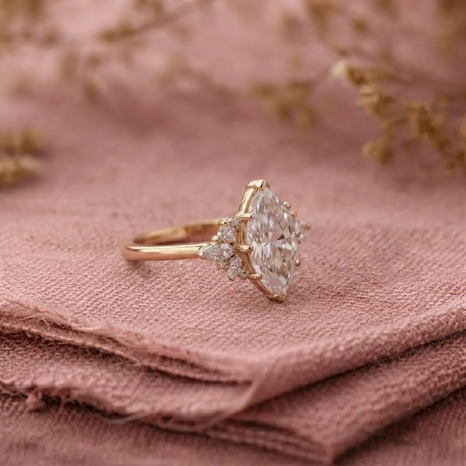 Marquise Cut Moissanite Engagement Ring With Diamond Cluster, 14k Rose Gold Promise Ring, Moissanite Ring, Bridal Anniversary Ring For Her