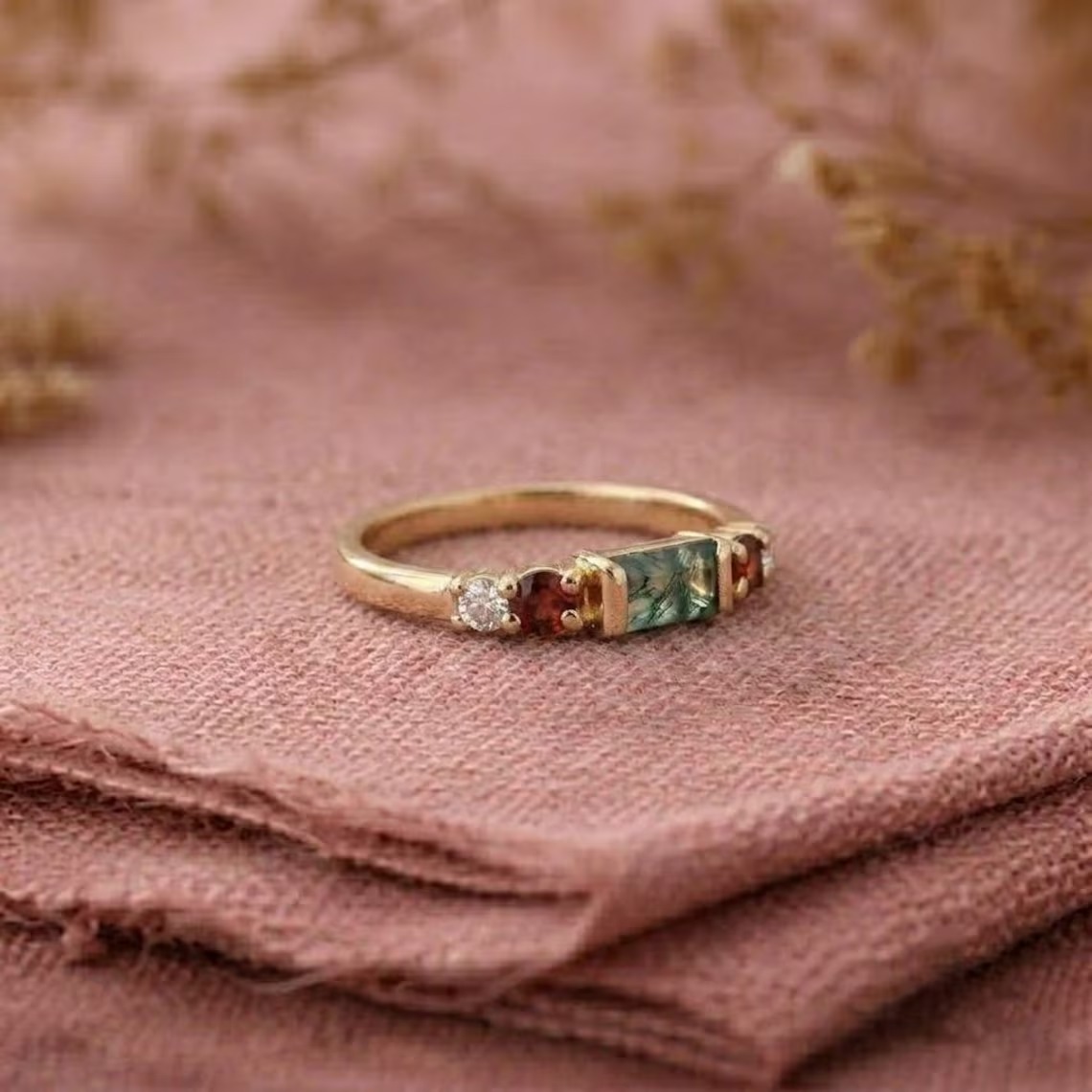Moss Agate Engagement Ring, Gold Garnet & Moissanite Ring, Baguette Moss Agate Promise Ring, Nature Inspired Bridal Ring, Gift For Her
