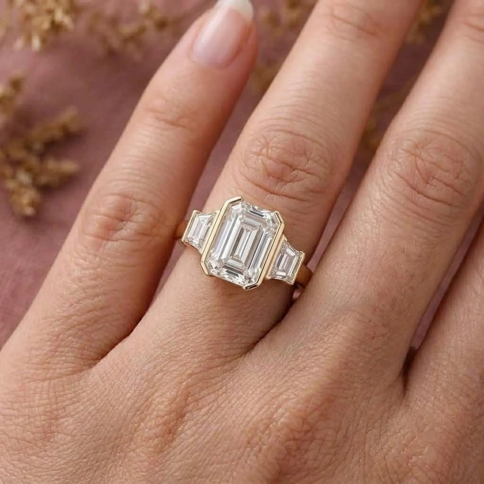 2 CT Emerald Cut Moissanite Engagement Ring, Three Stone Wedding Ring, Half Bezel Setting, Baguette Cut Side Tapper Ring, Anniversary Gift