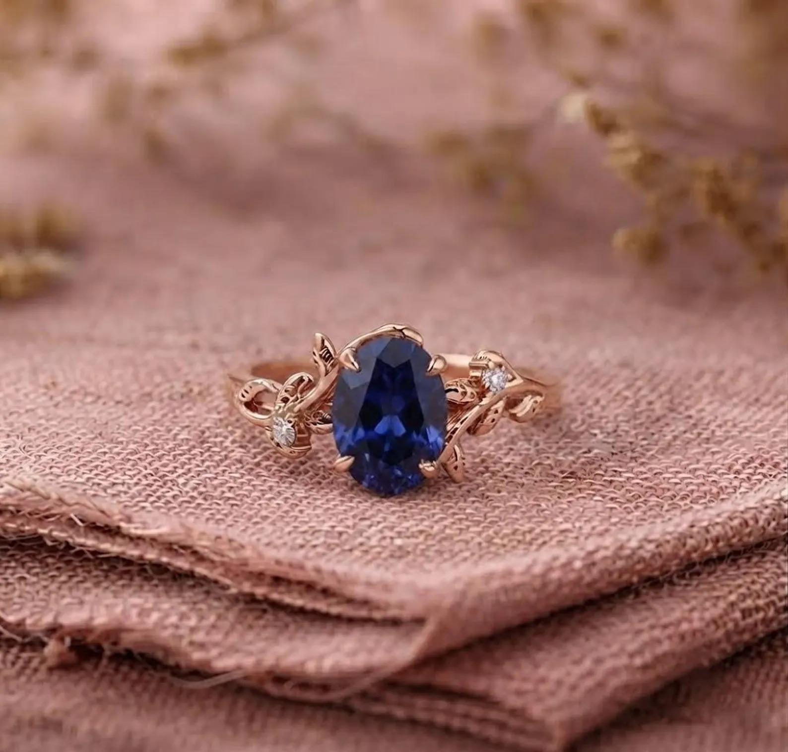 18K Black Gold Oval Cut Blue Sapphire Ring for Wife, Nature Inspired Leaf Ring, Anniversary Gift, Leaf Branch Ring, Vintage Diamond Cluster