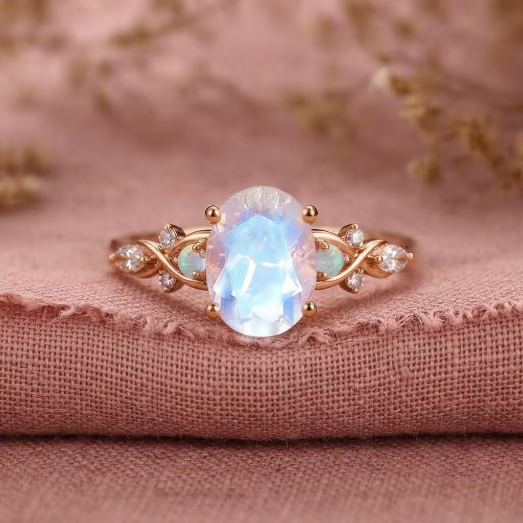 Vintage Oval Moonstone Ring 14K Solid Gold Moonstone Gemstone Engagement Ring Unique Opal Moissanite Promise Ring Anniversary Gift For Her