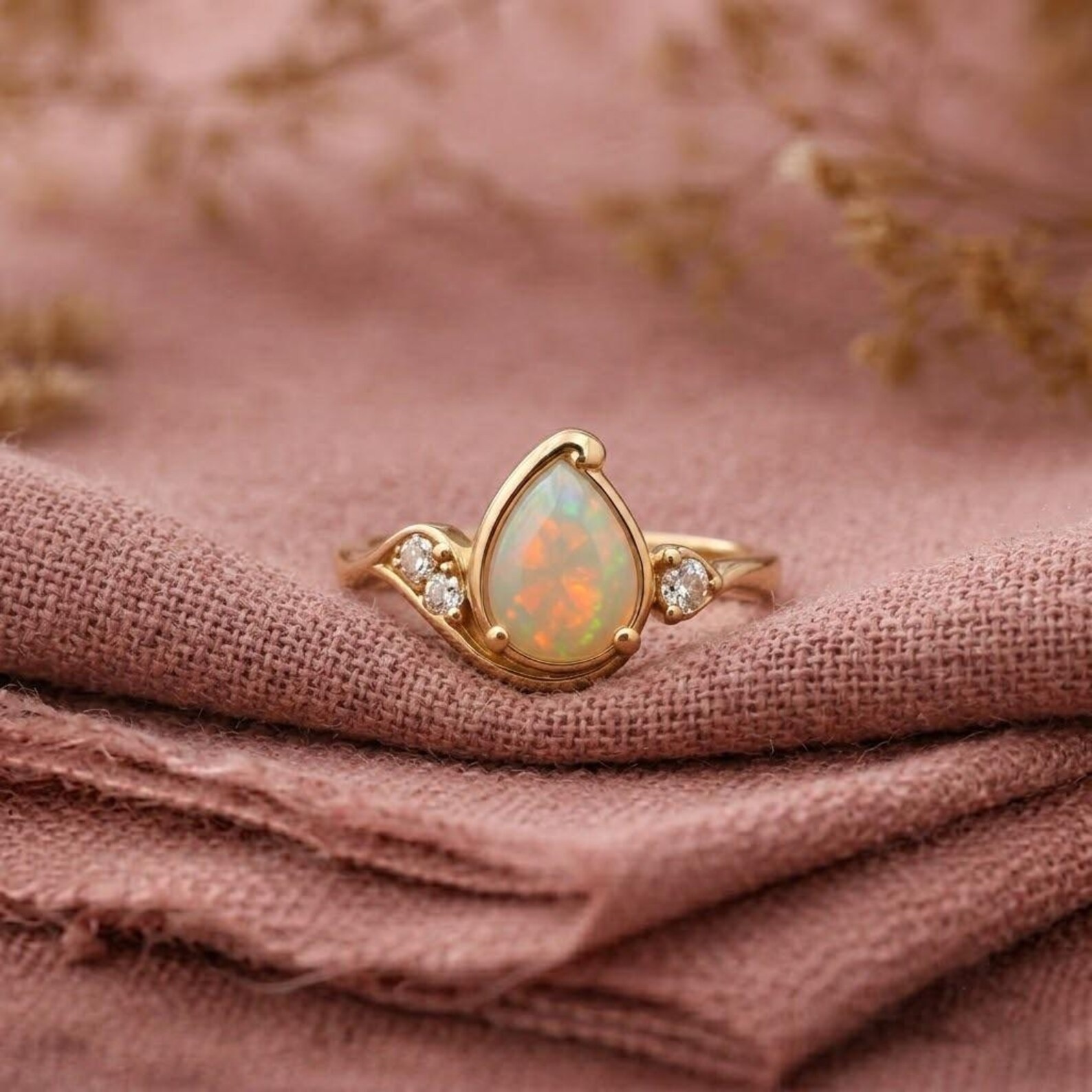 Gold Opal Ring, Pear Dainty Opal Engagement Ring, Vintage Diamond Cluster Ring, October Birthstone Ring, Christmas Gift, Rings for Women