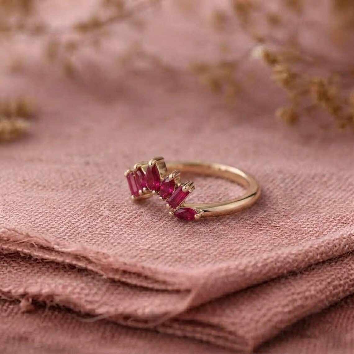 14K Yellow Gold Ruby Ring, Ruby Wedding Band For Women, Half Eternity Red Gemstone , Pear Ruby Marquise Engagement Ring, Vintage Curved Band