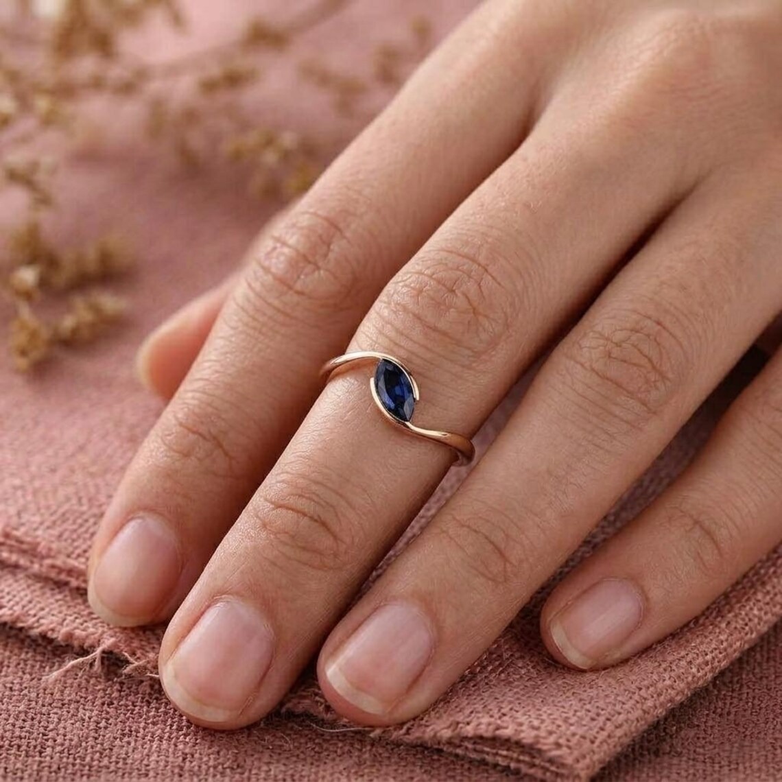 Marquise Cut Sapphire Wedding Ring, East-West Bypass Blue Gemstone Bridal Jewelry, Dainty 14k Solid Gold Engagement Ring, Christmas Gift