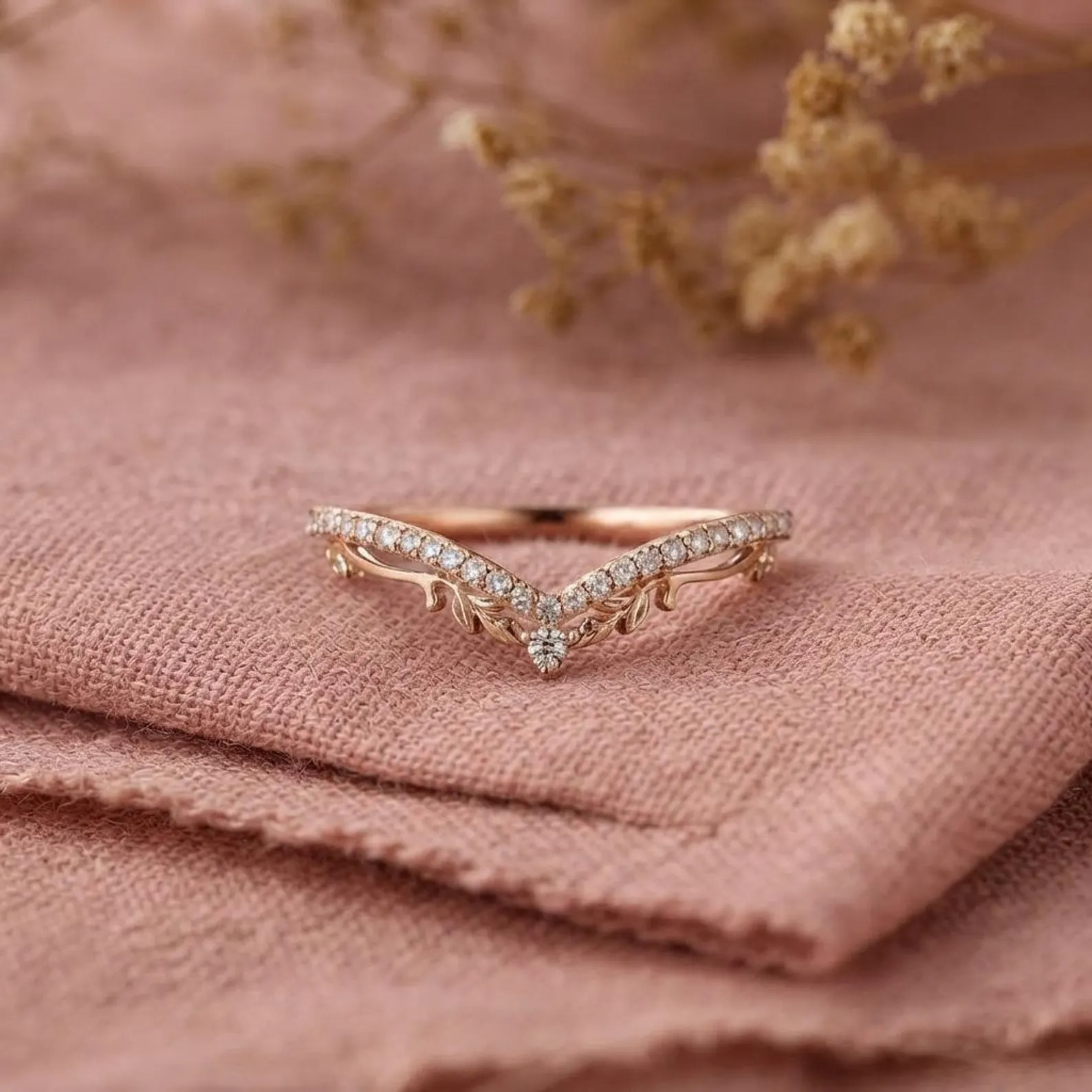 Curved Moissanite Wedding Band, V Shape Chevron Ring, Round Moissanite Leaf Band, Dainty Stacking Bridal Contour Ring, Diamond Alternative