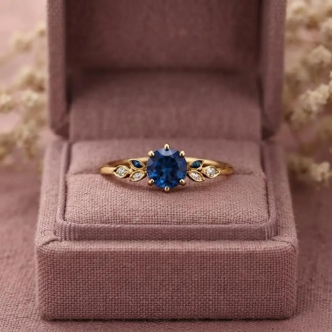 Sapphire Blue Gold Ring, Vintage Floral Ring, Round Blue Gemstone Ring, Dainty Bridal Promise Ring, Elegant Engagement Ring, Gift For Her