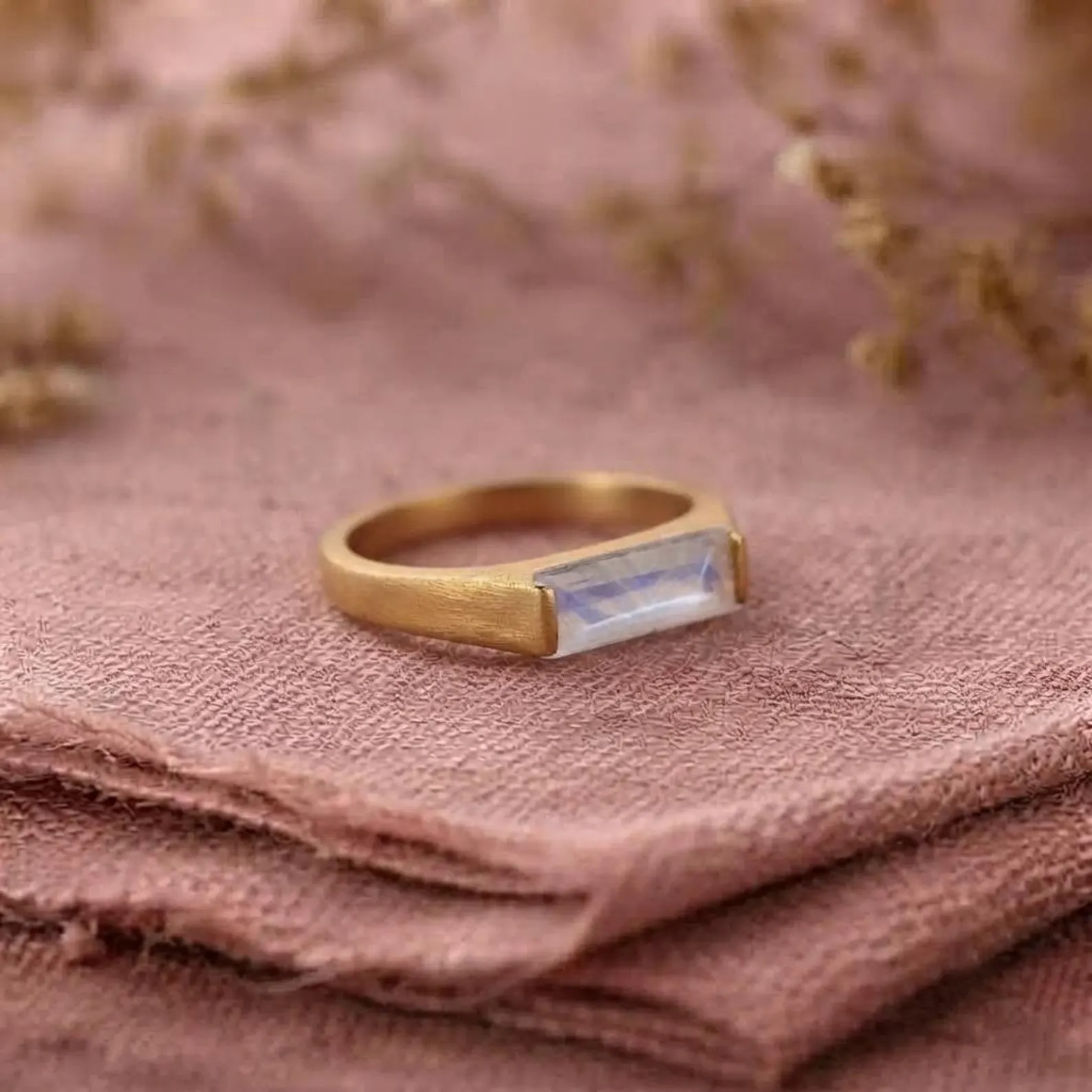 Natural Moonstone Rectangle Bar Ring, 18K Gold Filled 925 Sterling Silver Ring, Handmade Ring, Wedding Jewelry, White Rainbow, Gift Ring