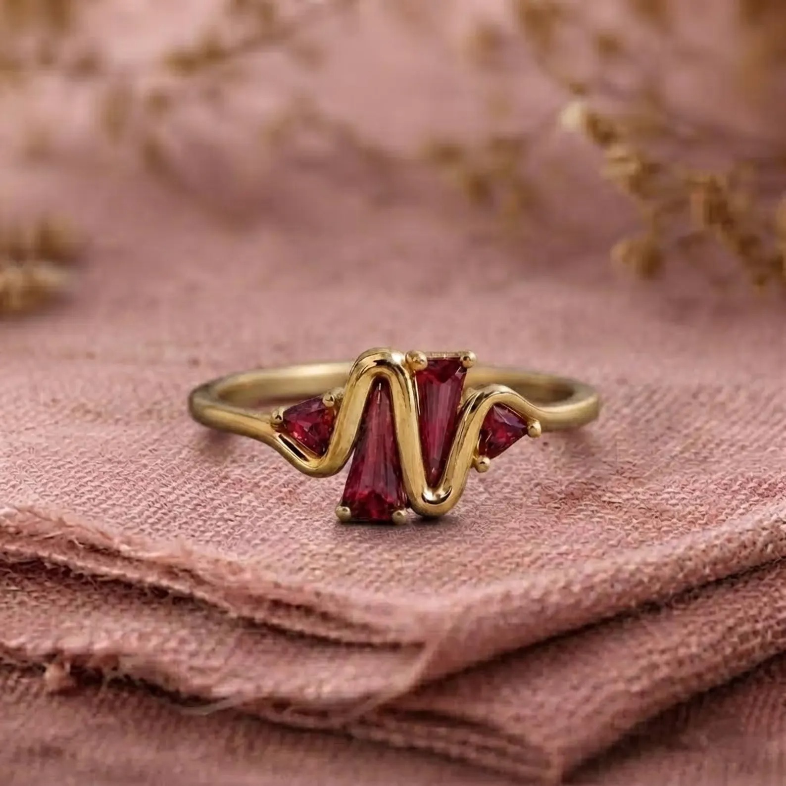 Ruby Trillion Cut Ring, Gold Curved Band, Red Gemstone Ruby Statement Ring, Minimalist Promise Ring, Dainty Women’s Jewelry, Gift for Her