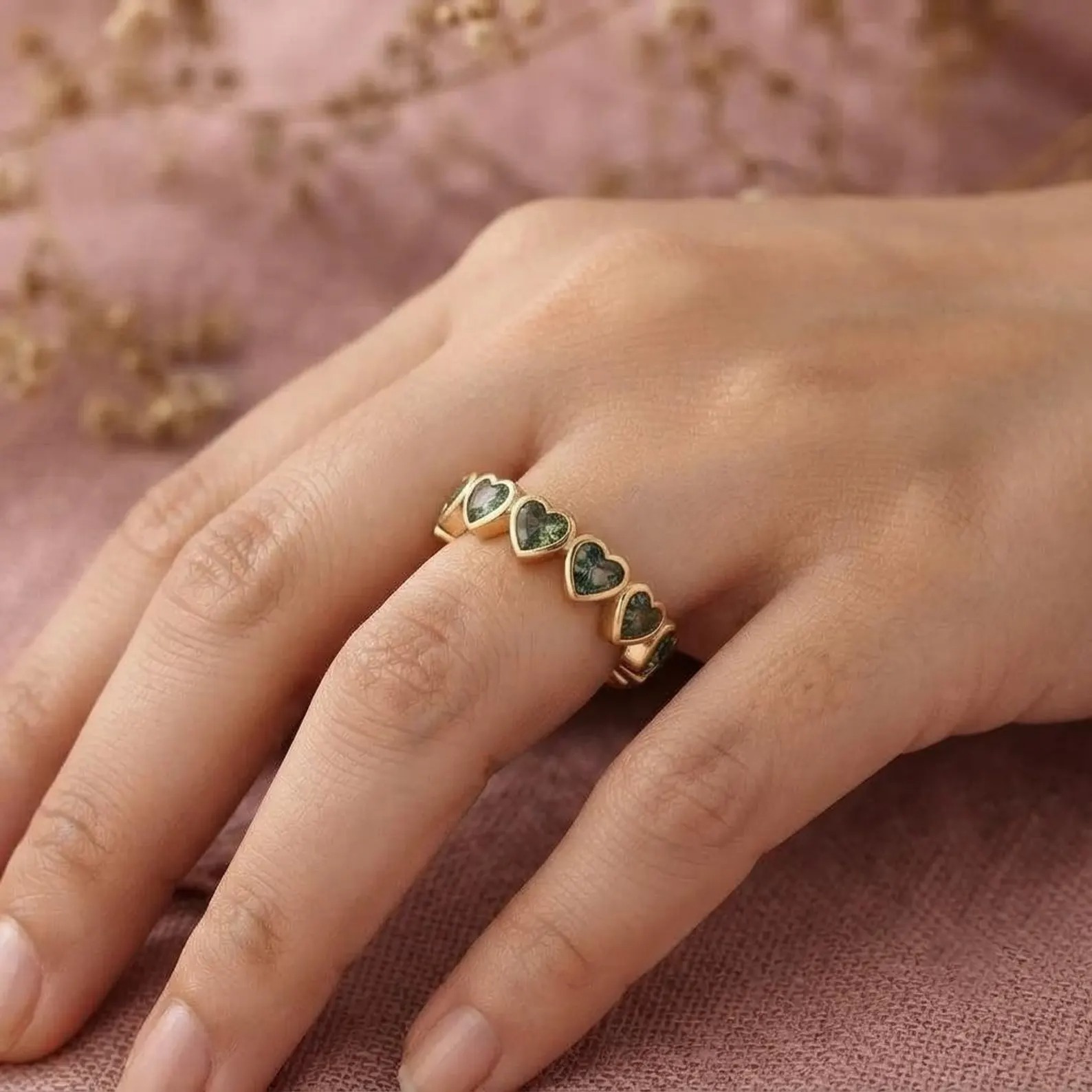 Moss Agate Heart Eternity Band, 14k Gold Bezel Set Green Agate Ring, Full Heart Ring, Stacking Wedding Band, Unique Valentine Gift For Her