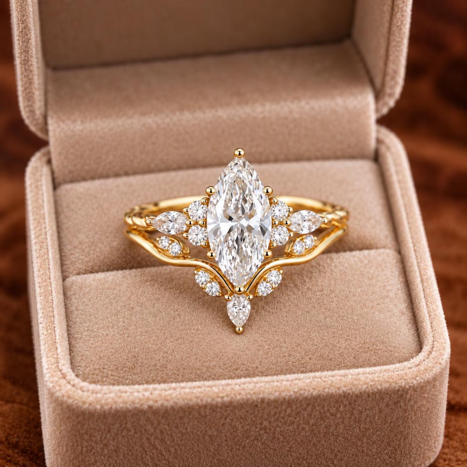 IGI Certificate Marquise Lab Diamond Engagement Ring Set, Lab Diamond Cluster ring Yellow Gold Twist Bridal Set Promise Gift For Women