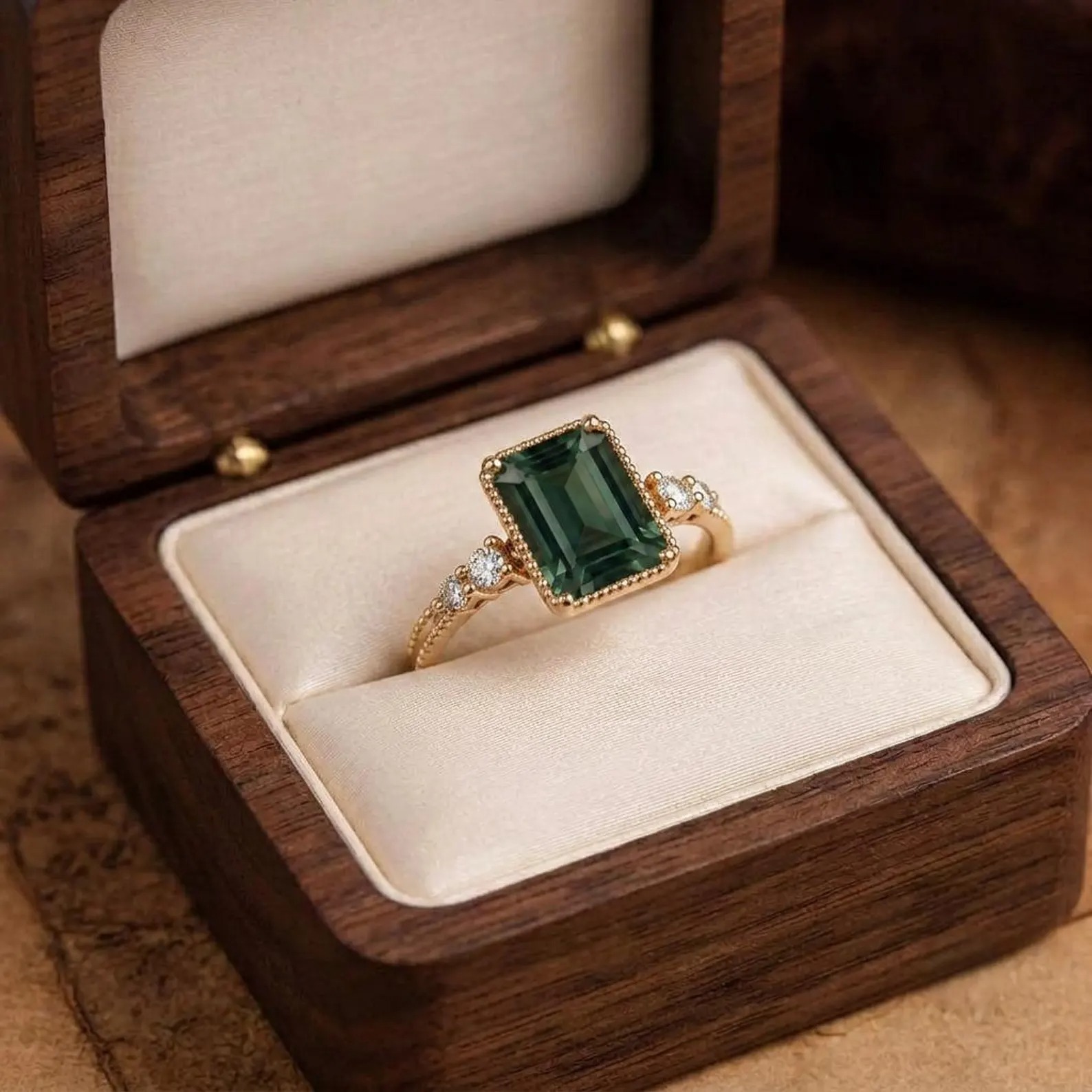 Vintage Green Amethyst Emerald Cut Ring Women 14K Solid Yellow Gold Engagement Ring Unique Prong Set Ring February Birthstone Gift for Wife