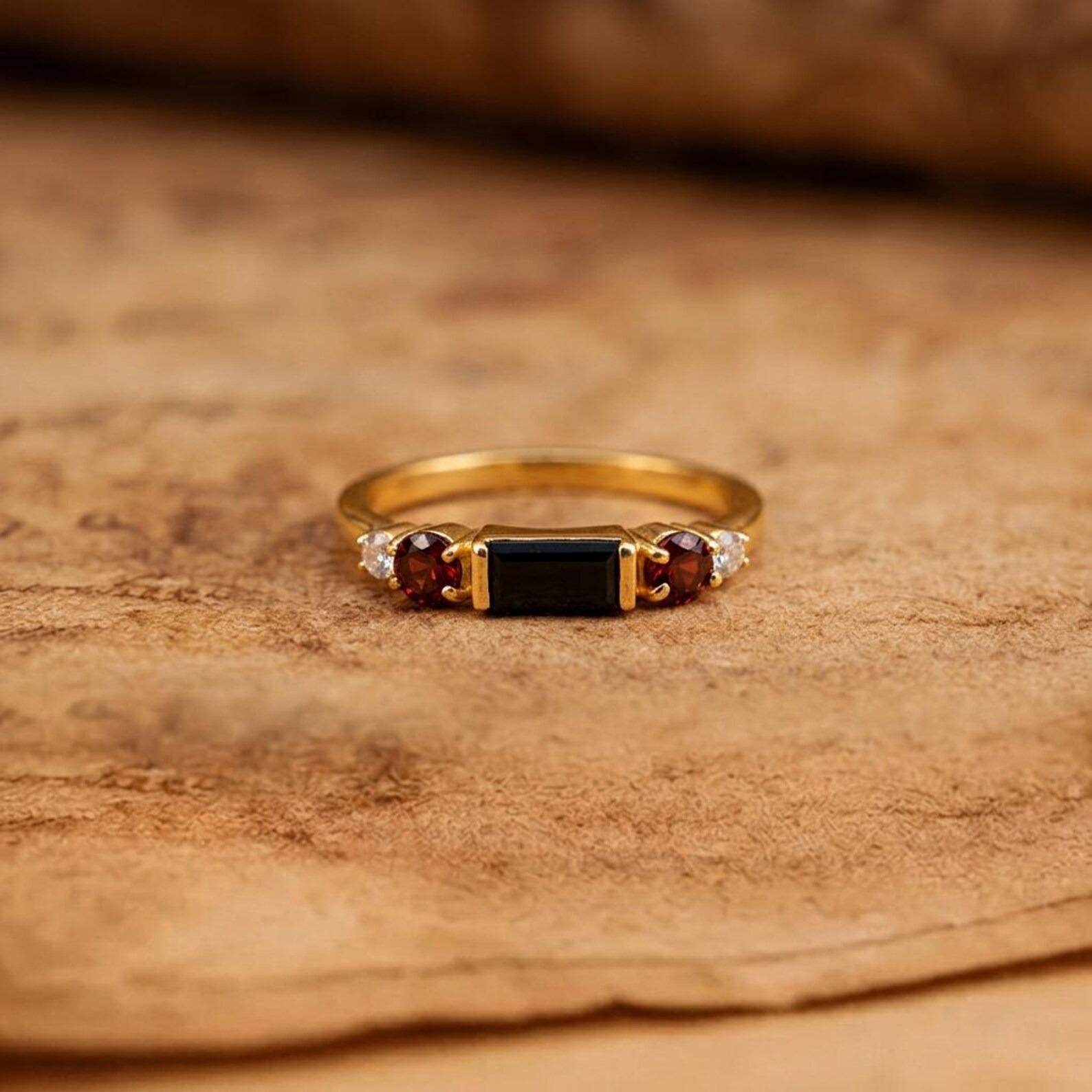 Black Onyx Ring: 18k Gold Plated Sterling Silver, Garnet-White Topaz Accents, Women's Solitaire Ring