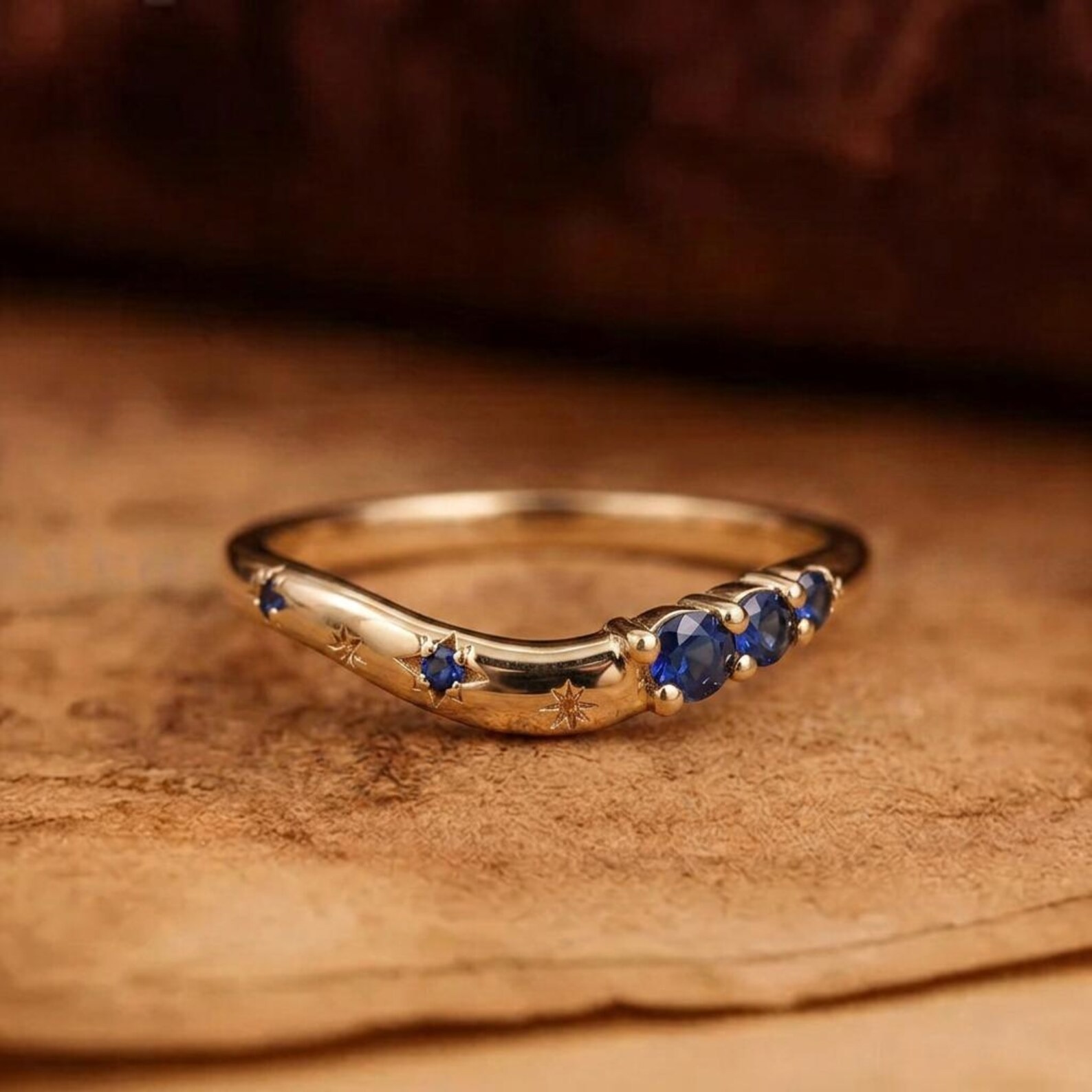 Celestial Sapphire Gold Ring | Curved Stacking Wedding Band | Star Engraved September Births Ring | Unique Anniversary Gift