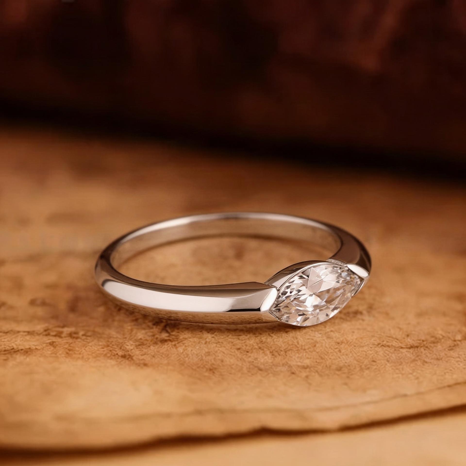0.5 Carat East West Marquise Cut Solitaire Ring - Available 14k-18k Gold, Silver, or Moissanite/Modern Minimalist Half-Bezel Engagement Ring