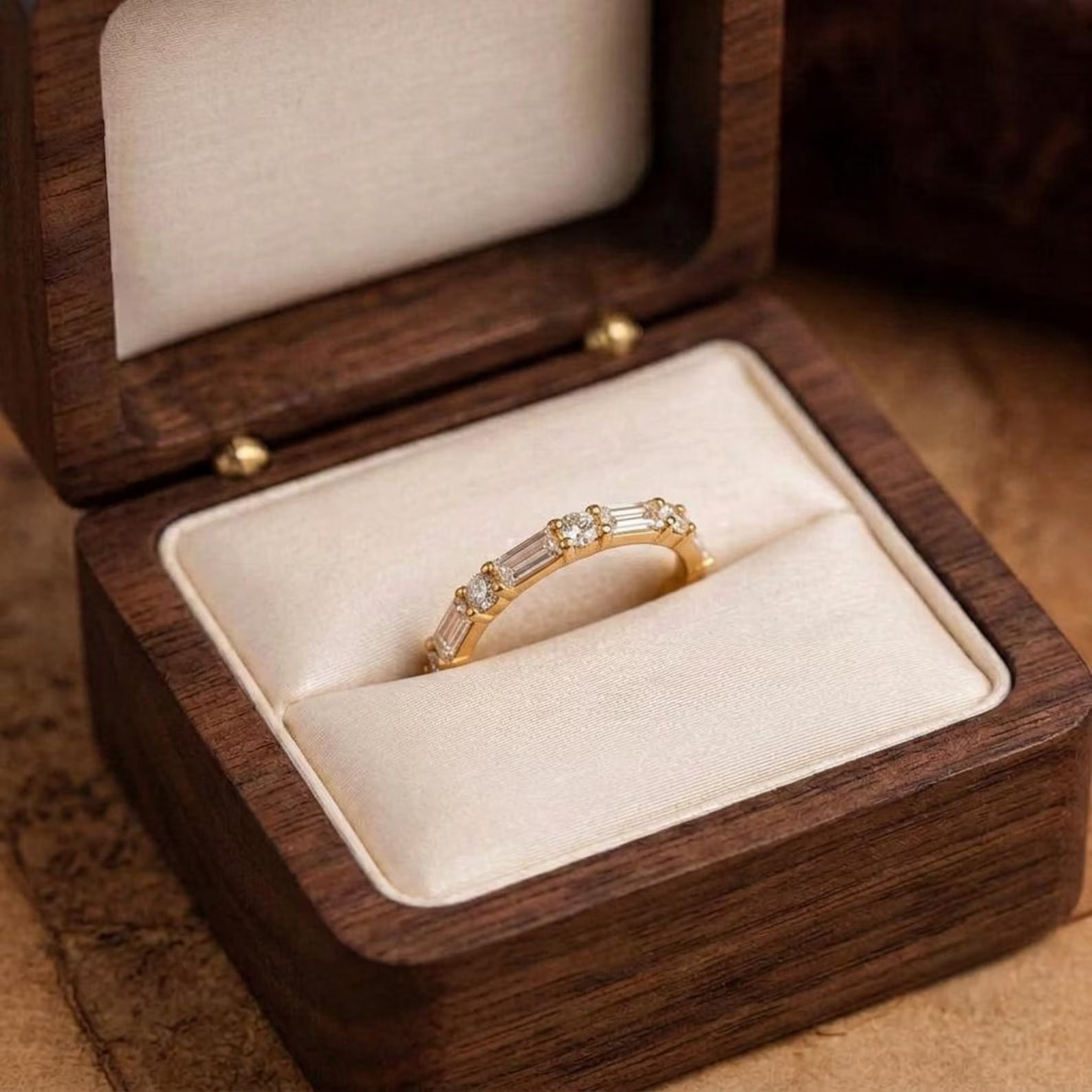 Dainty Moissanite Baguette Ring, Gold Stacking Wedding Band for Her, Thin Bridal Anniversary Ring, Elegant Minimal Promise Jewelry