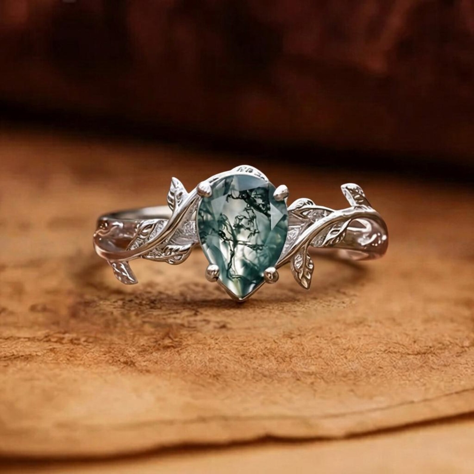 Silver Ring + Box, Moss Agate Leaf & Vine Natural Style Ring, Minimalist Dainty Jewelry Engagement Ring, Birthday Gift for Her, Mom, Wife