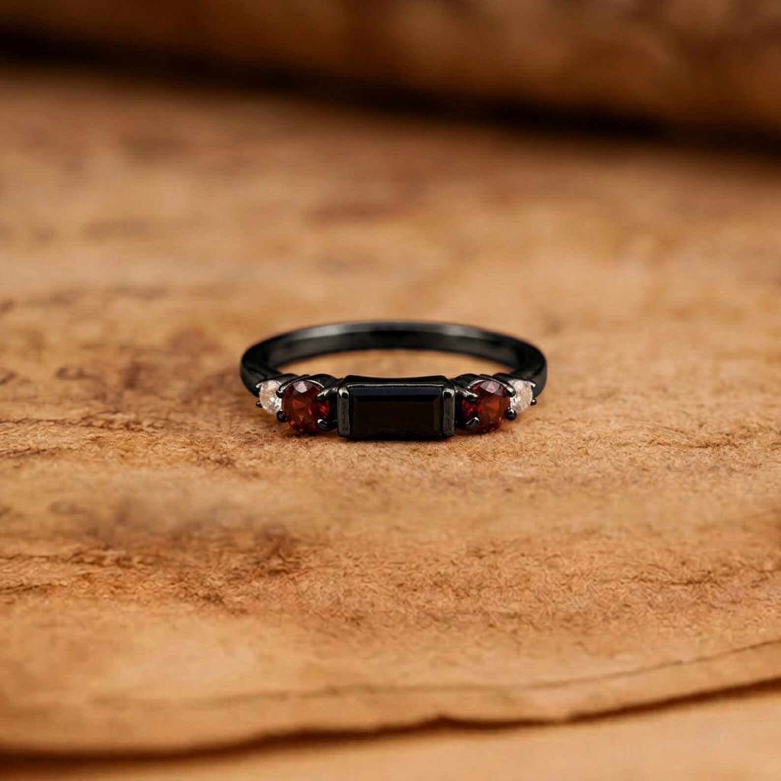 Black Onyx Ring: 18k Gold Plated Sterling Silver, Garnet-White Topaz Accents, Women's Solitaire Ring