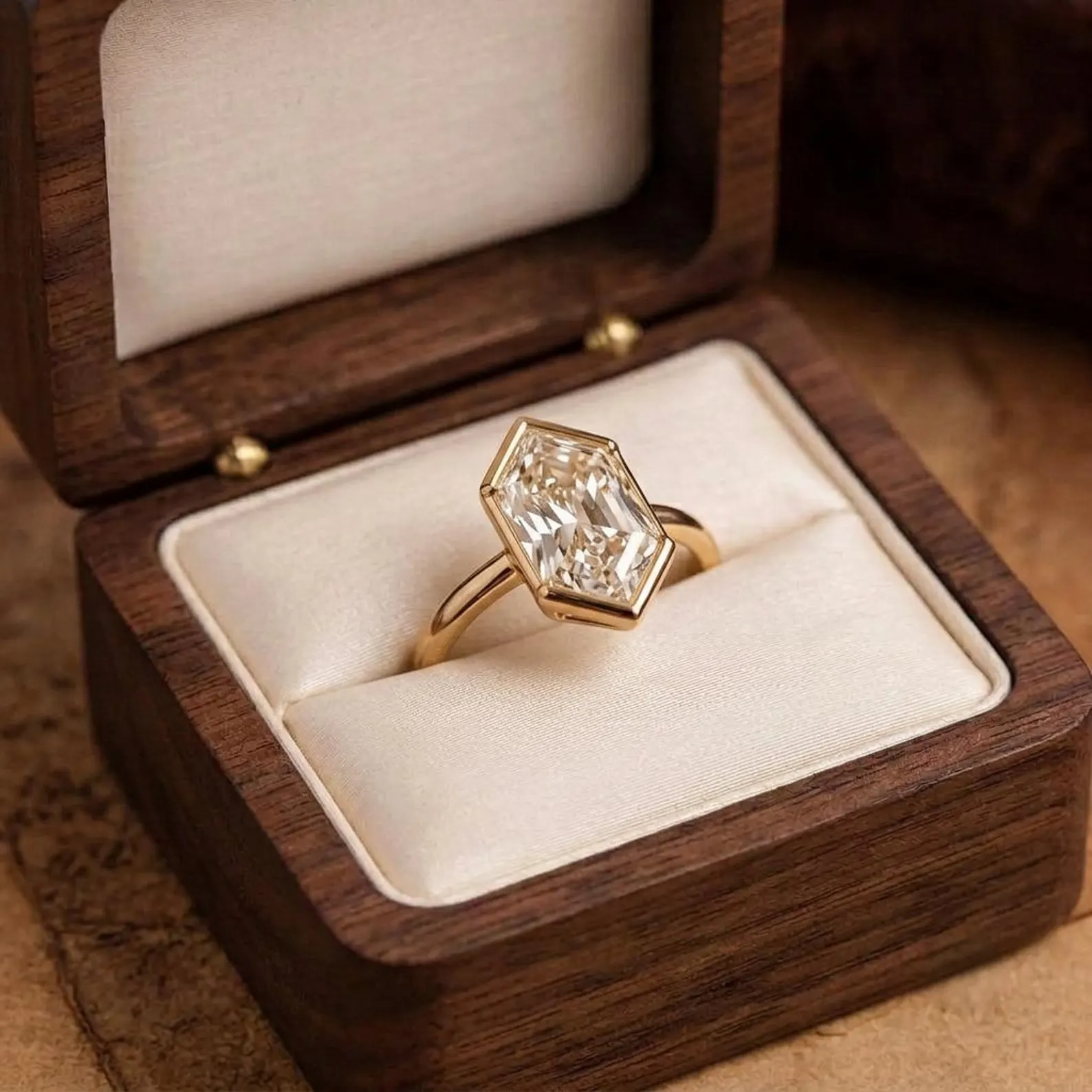Elongated Hexagon Moissanite Solitaire Ring, Vintage Half Bezel Black Gold, Handmade Anniversary Gift