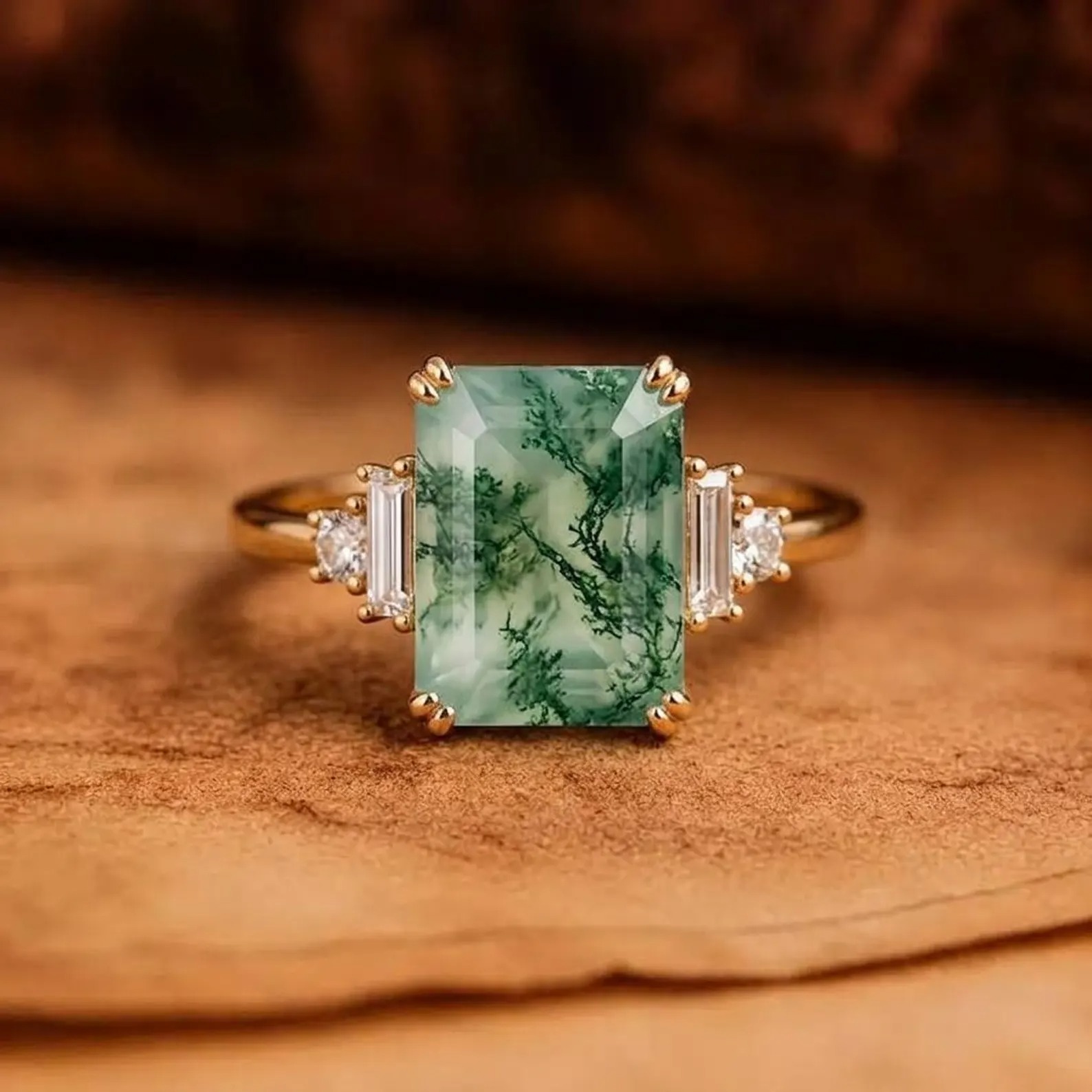 Emerald Cut Engagement Ring in 14k Solid Gold / 1.50 CT Moss Agate Engagement Ring / Emerald Art Deco Moss Agate Ring / Gold Promise Ring