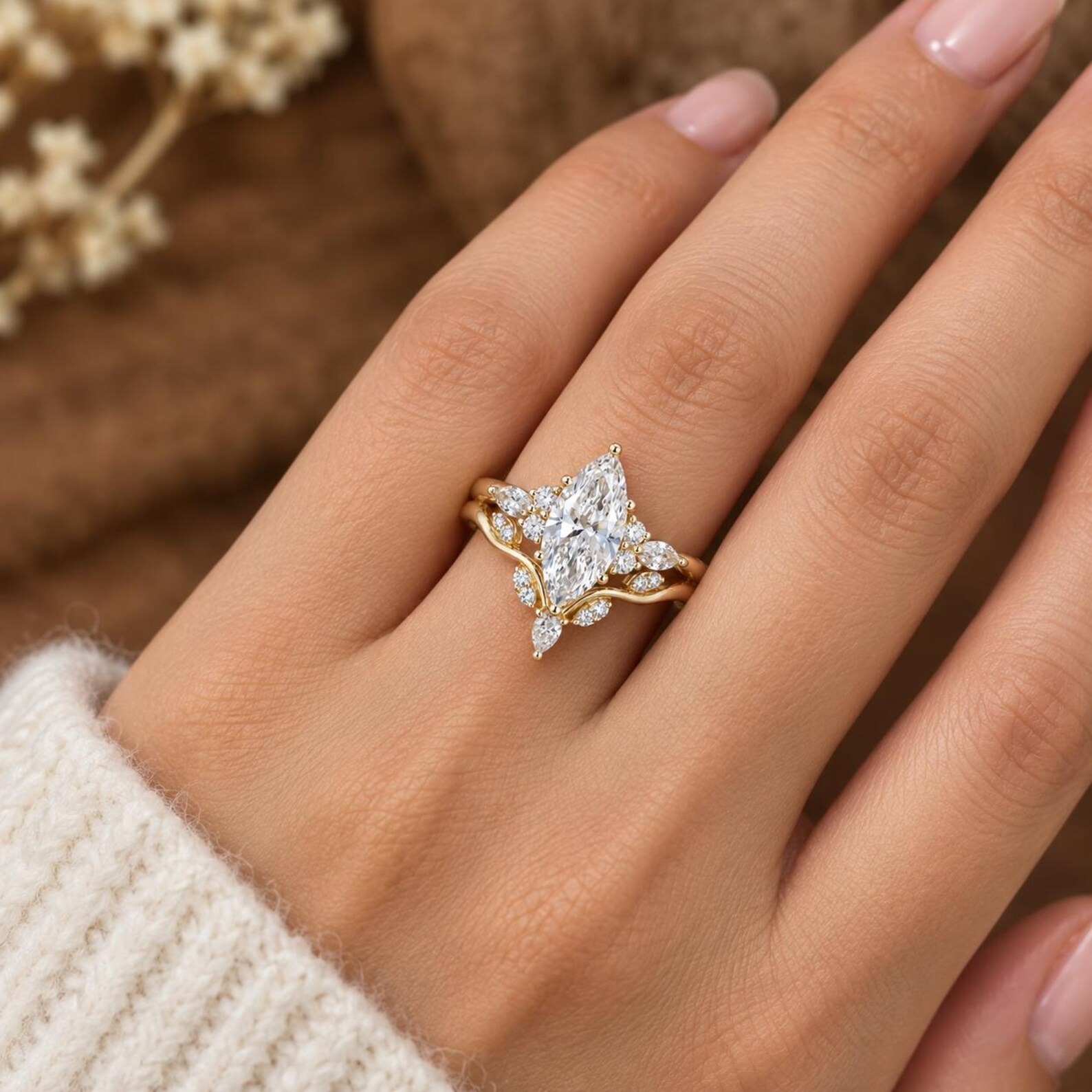 IGI Certificate Marquise Lab Diamond Engagement Ring Set, Lab Diamond Cluster ring Yellow Gold Twist Bridal Set Promise Gift For Women