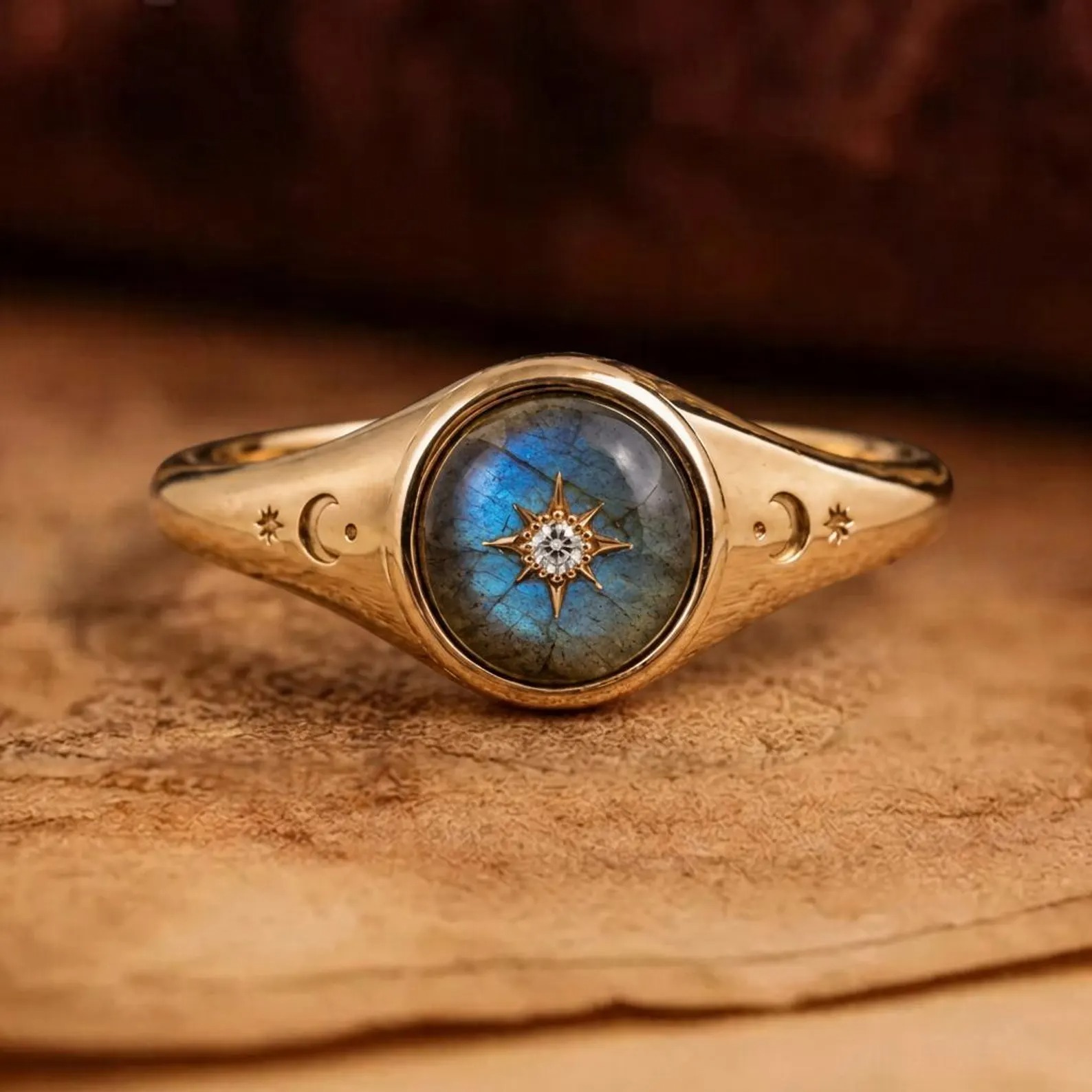 Natural Labradorite Signet Ring, Celestial Gold Ring, Moissanite Star Ring, Blue Flash Gemstone, Vintage Gift for Her